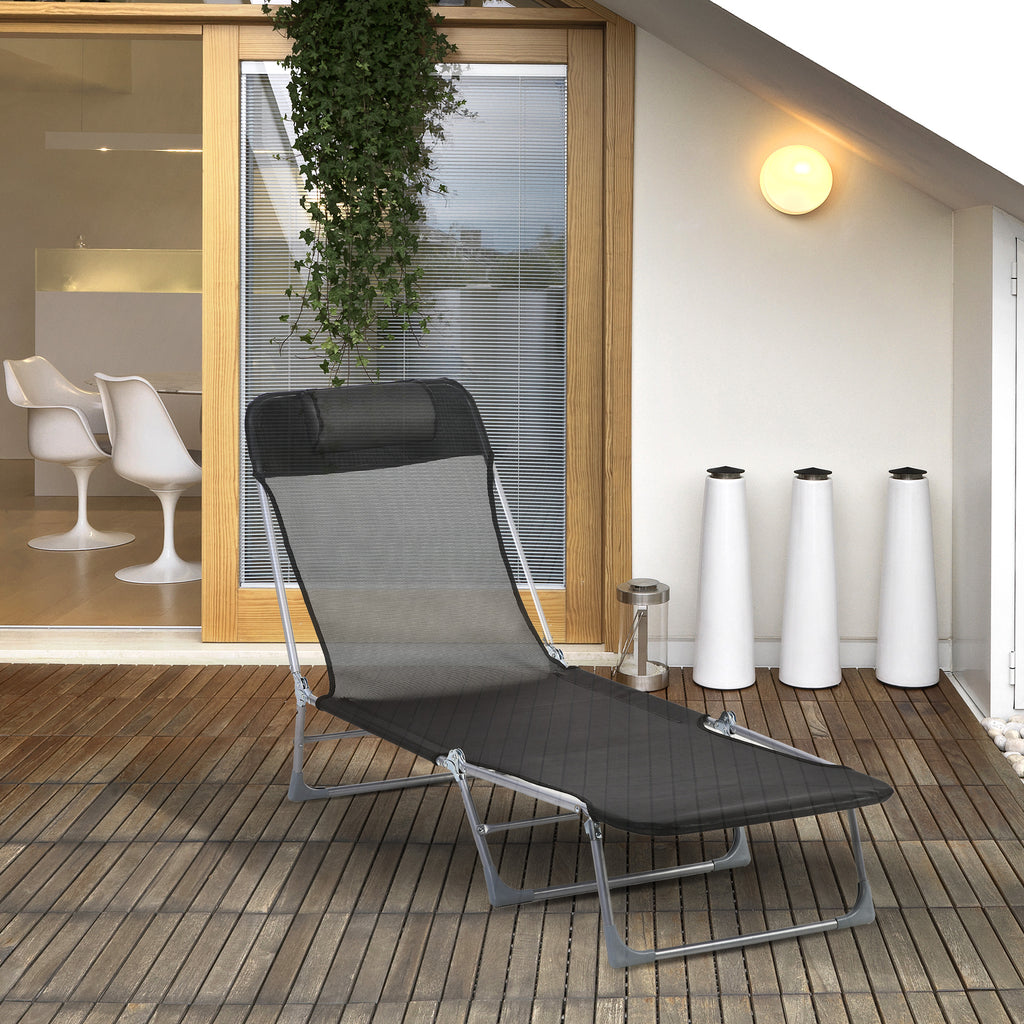 Outsunny Folding Garden Lounger with Reclining Backrest and Cushion, in Metal and Texteline, 182x56x28 cm, Black