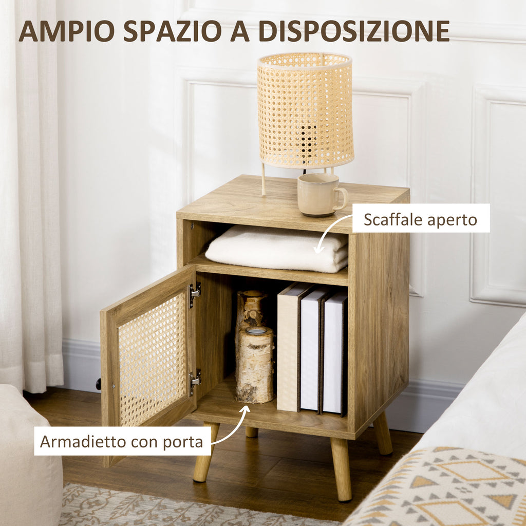 Boho Style Bedroom Bedside Table with Cabinet and Open Shelf in Wood and Rattan, 39x35x60 cm