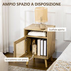 Boho Style Bedroom Bedside Table with Cabinet and Open Shelf in Wood and Rattan, 39x35x60 cm