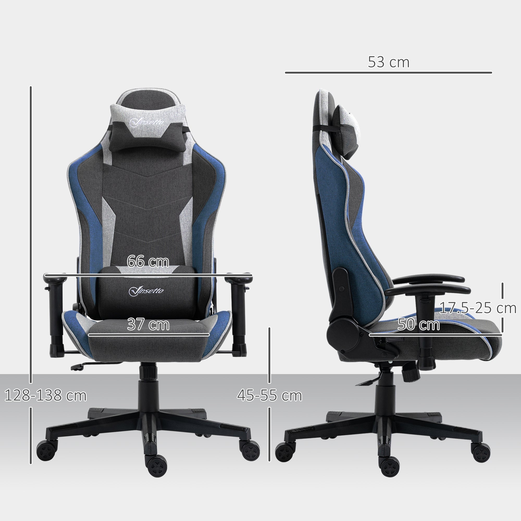 Gaming Chair, 150° Reclining with Rocking Function, in Linen Effect Fabric, 66x53x128-138 cm, Grey
