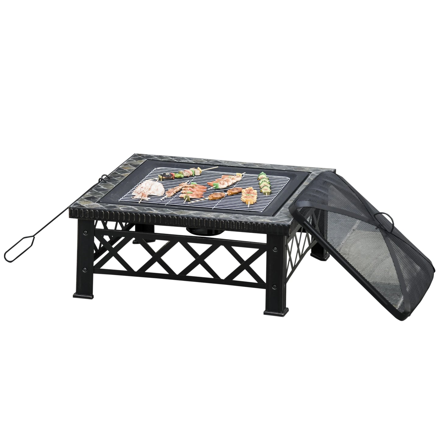 SIENA | Garden Fire Pit with Lid Spark Guard and Metal BBQ Grill 76x76x47cm Black