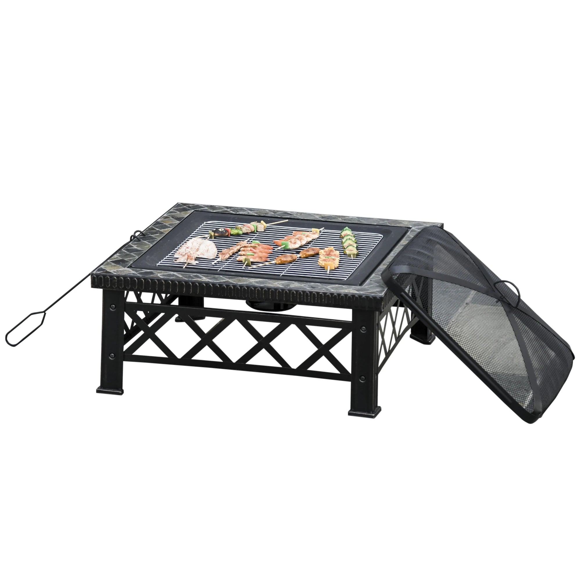 SIENA | Garden Fire Pit with Lid Spark Guard and Metal BBQ Grill 76x76x47cm Black - Borge' Group Limited