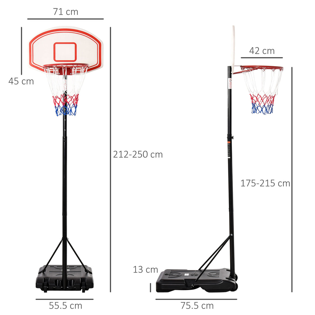 Basketball Hoop, 5-Level Adjustable Height 175-215cm, Metal Frame and Fillable Base with Wheels, PE Backboard