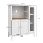Microwave Cabinet with Lower Cabinet and 3 Side Shelves with Glass Door, Wooden, 80x35x97 cm, White