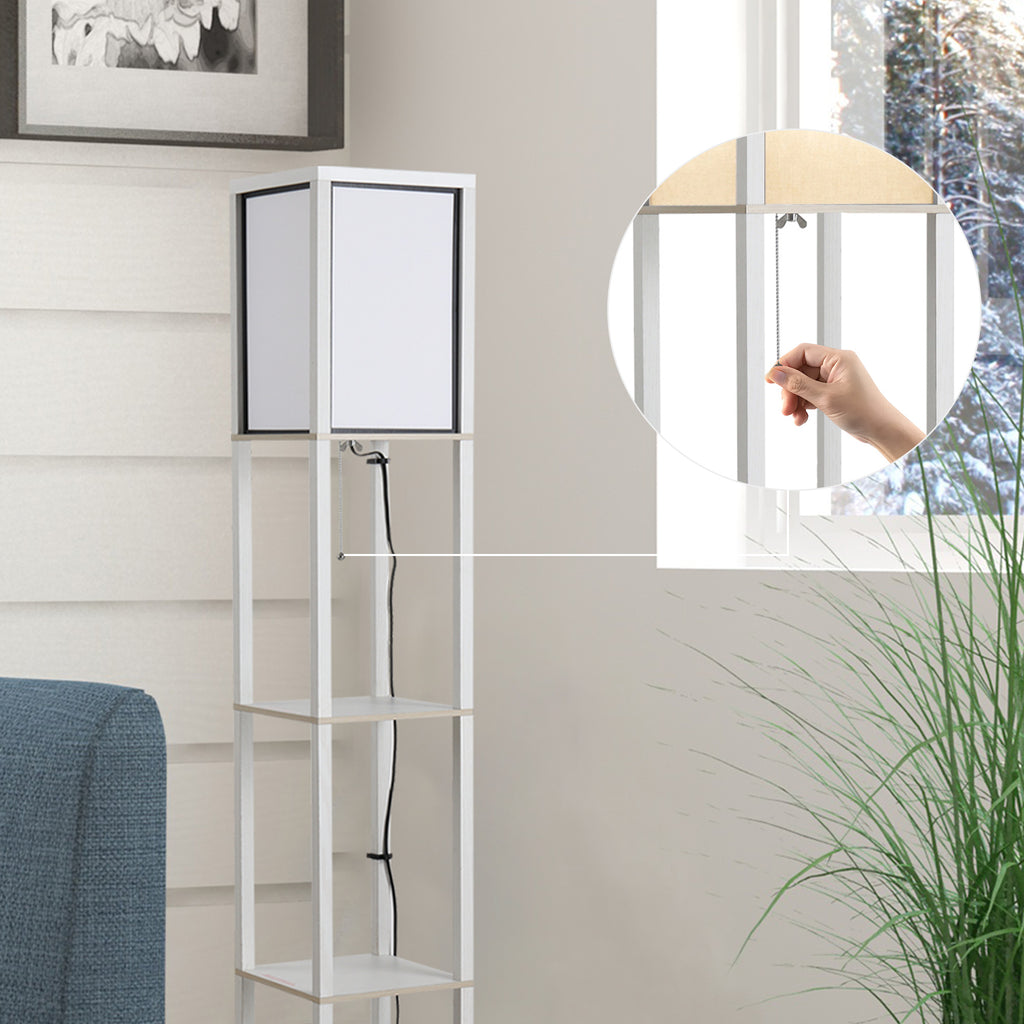 40W Floor Lamp with 3 Shelves and Foot Switch, Made of Wood and Acrylic, 26x26x160 cm, White