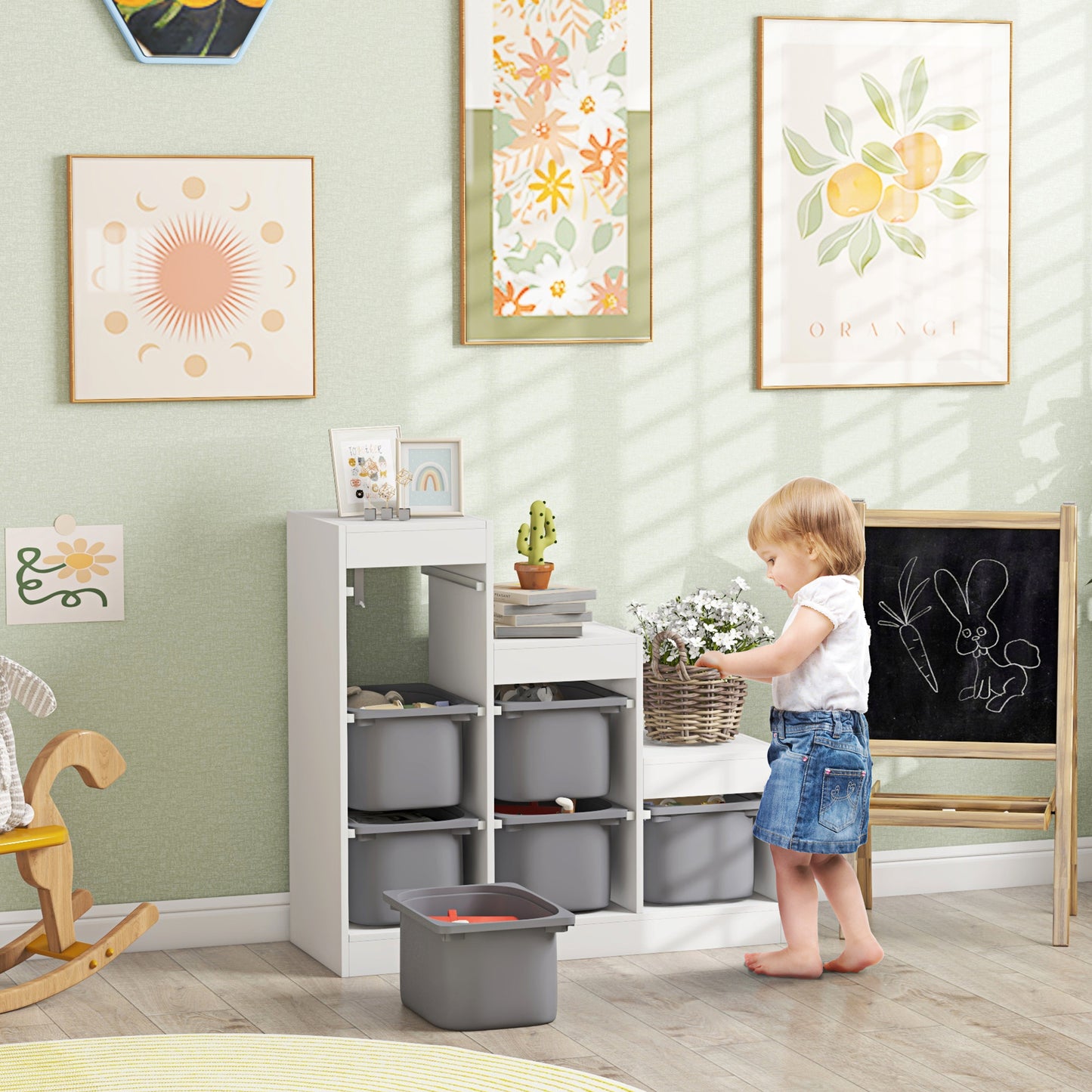 Storage 3-Tier Toy Shelf with 6 Containers for Children from 3-8 Years, 96x38.5x90cm, Grey