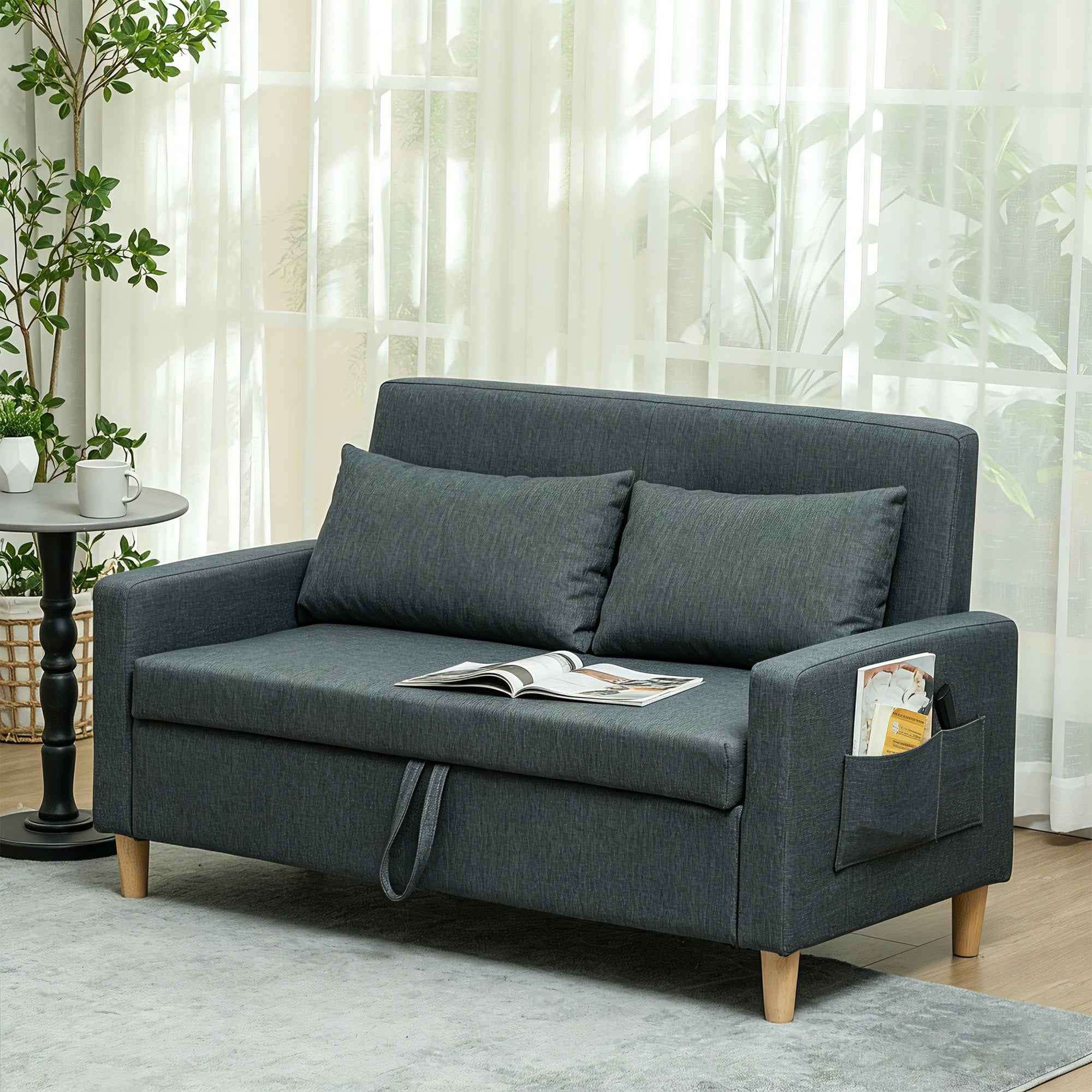 HOMCOM 2-Seater Sofa with Storage Space and Cushions, in Linen and Wood Effect Fabric, 135x72x84 cm, Dark Grey