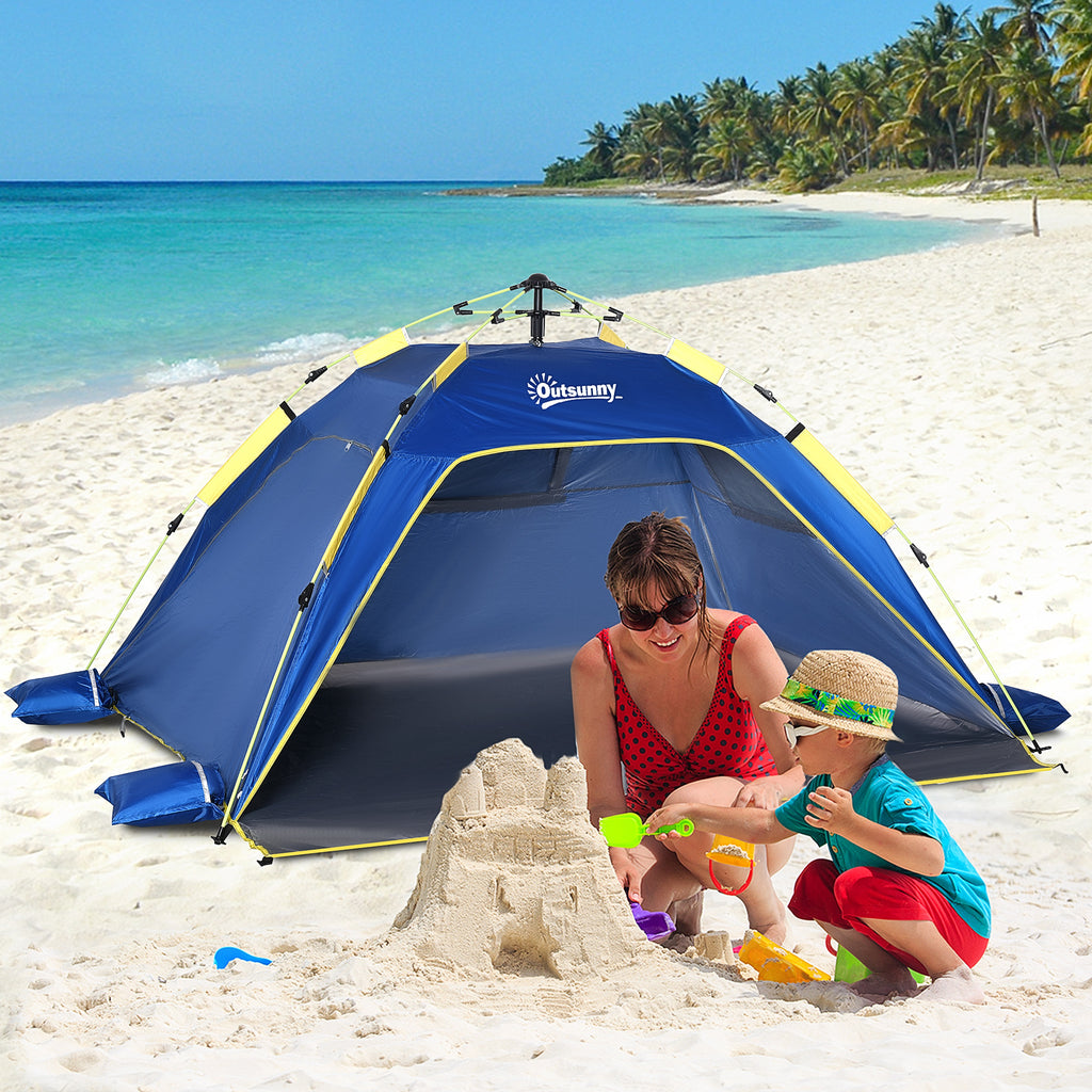 Outsunny Pop Up Beach Tent for 2 People with Windows, Fiberglass and Polyester, 220x173x120 cm, Blue and Yellow