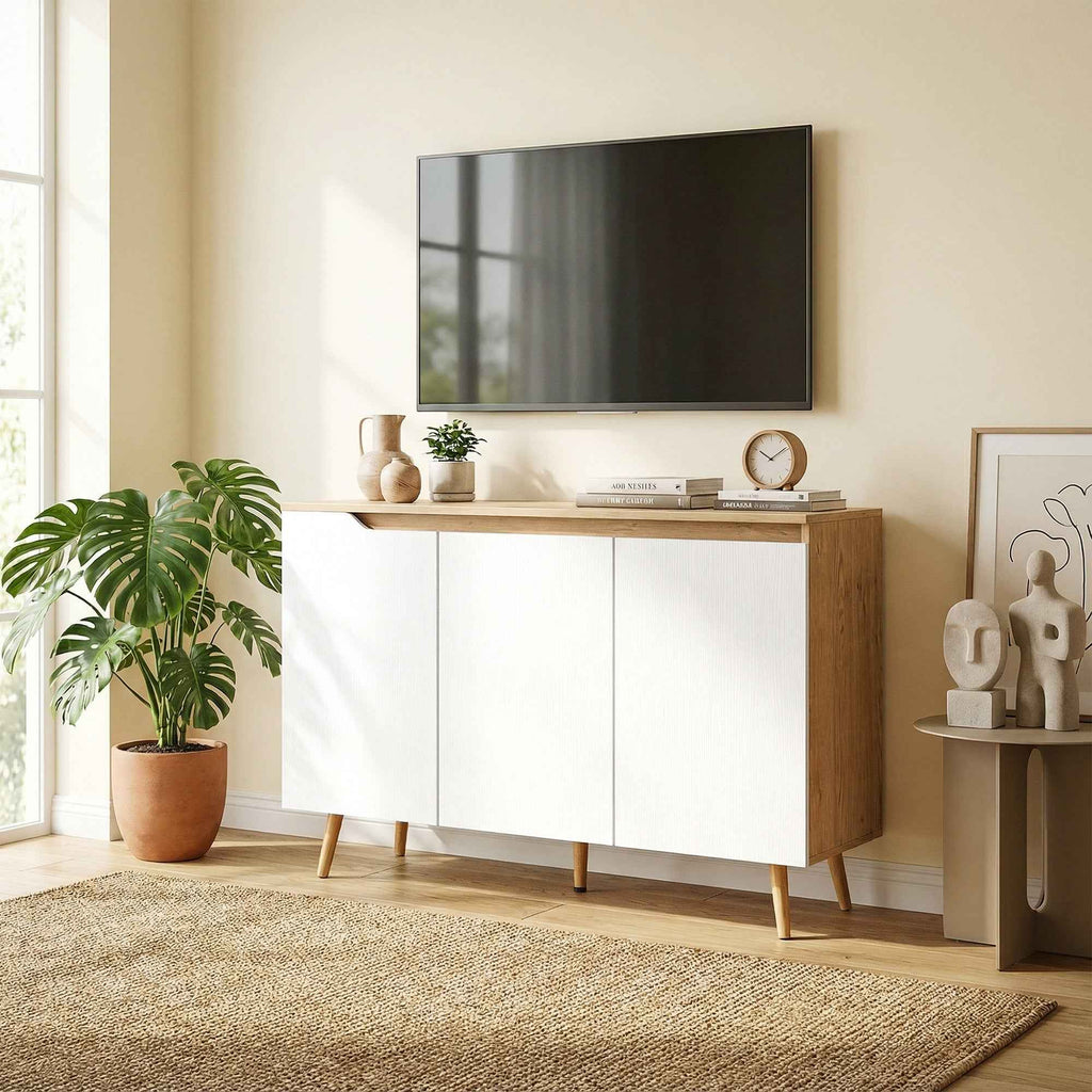 HOMCOM Modern 3-Door Sideboard with 3 Adjustable Shelves and 5 Wooden Legs, 107x35x76.5 cm, White and Oak