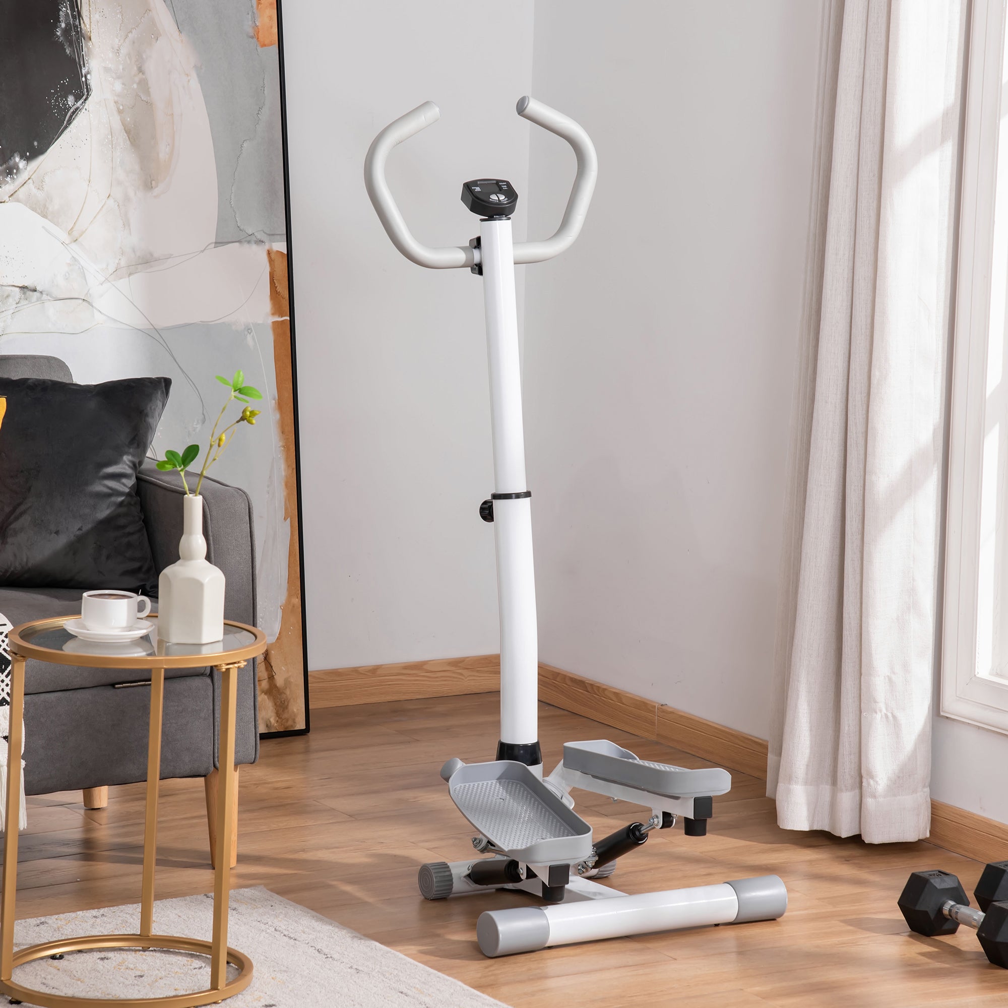 Stepper with LCD Monitor, Adjustable Handlebar and Elastic Bands, Made of Steel and ABS, White and Grey