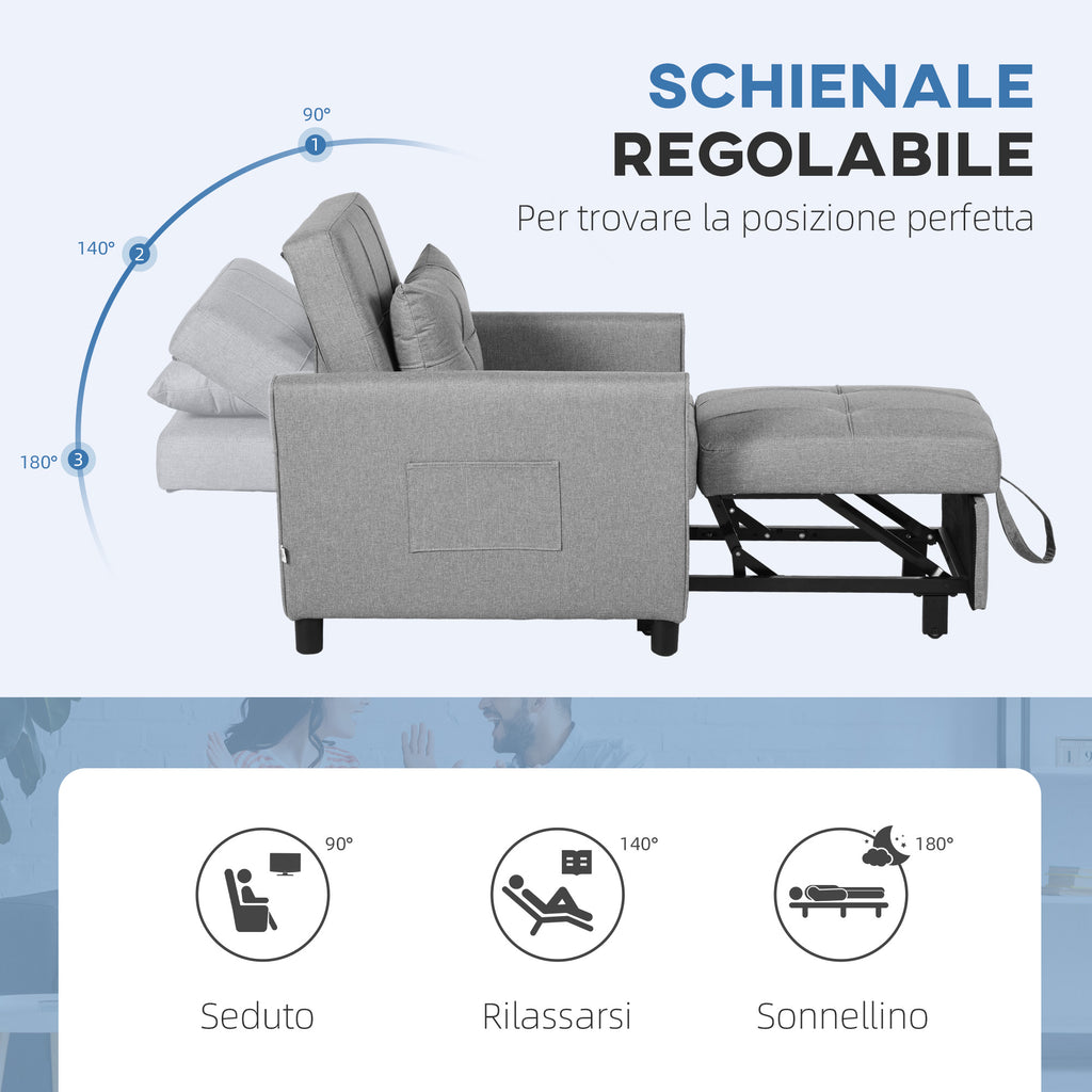 Single Reclining Armchair Bed on 3 Levels with Extra Cushion, 69x82x85cm, Light Grey