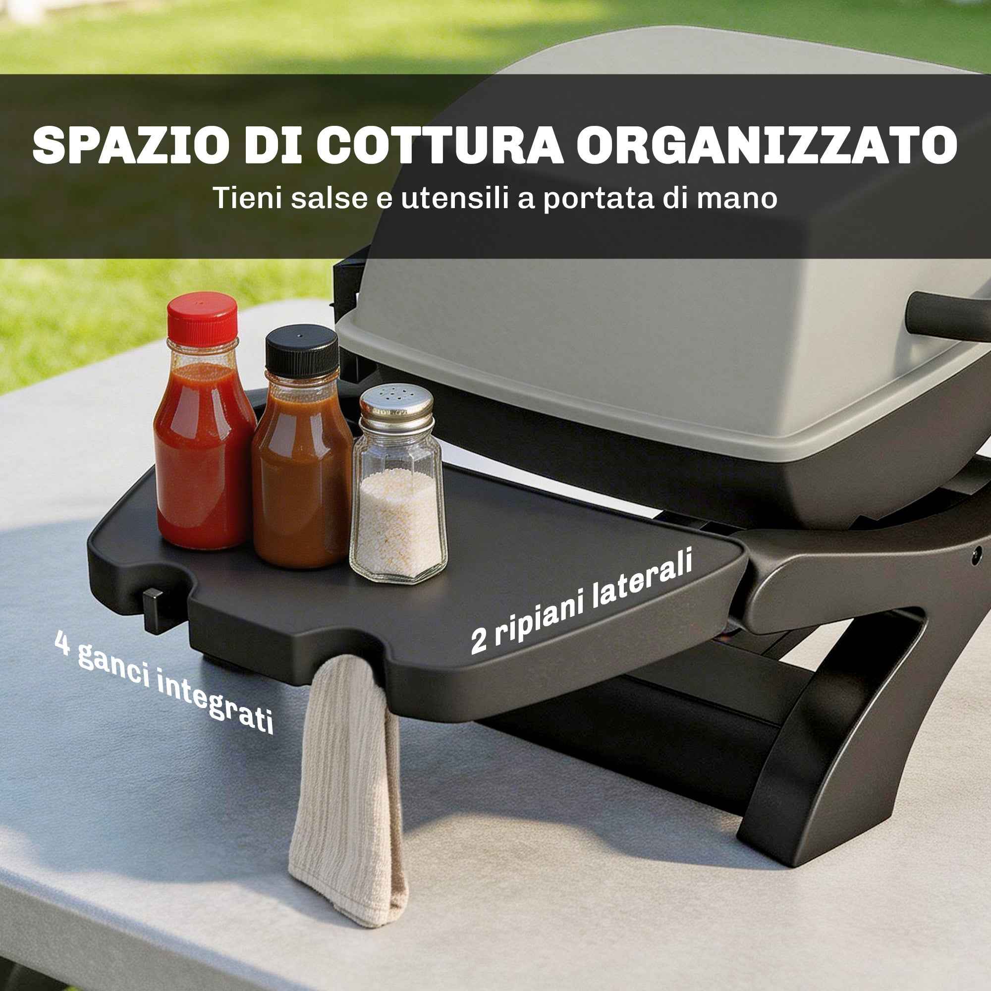 Outsunny 2300W Portable Tabletop Electric Barbecue with Side Shelves, Black.