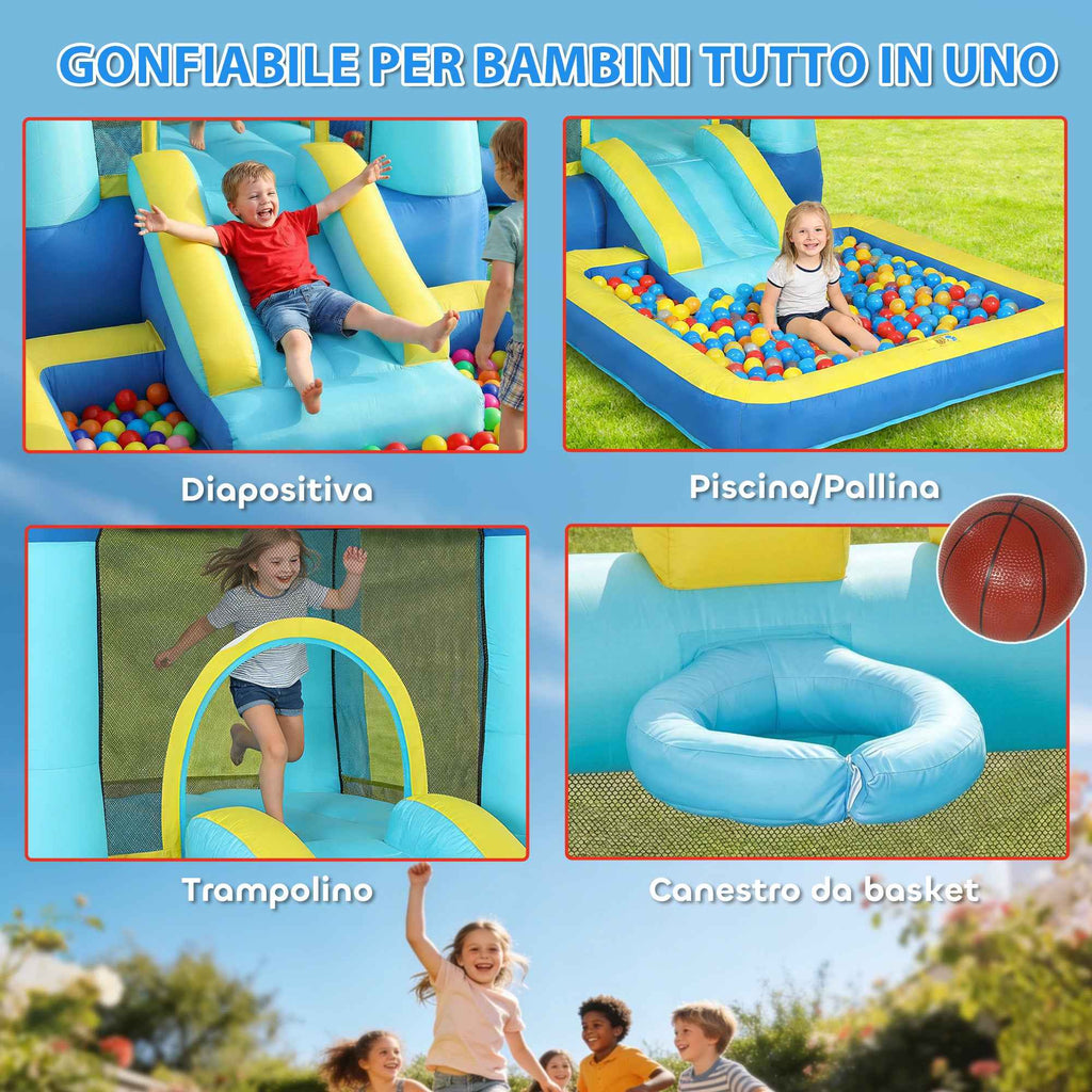 4-in-1 Inflatable Castle for Kids, Slide, Trampoline, Ball Pool/Water Playground, Basketball Hoop, Ages 3-8, Blue