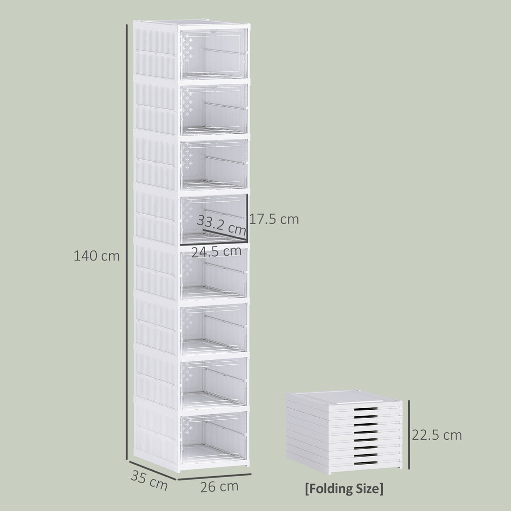 Shoe Rack with 8 Stackable and Foldable Shoe Containers with Transparent Panel, White