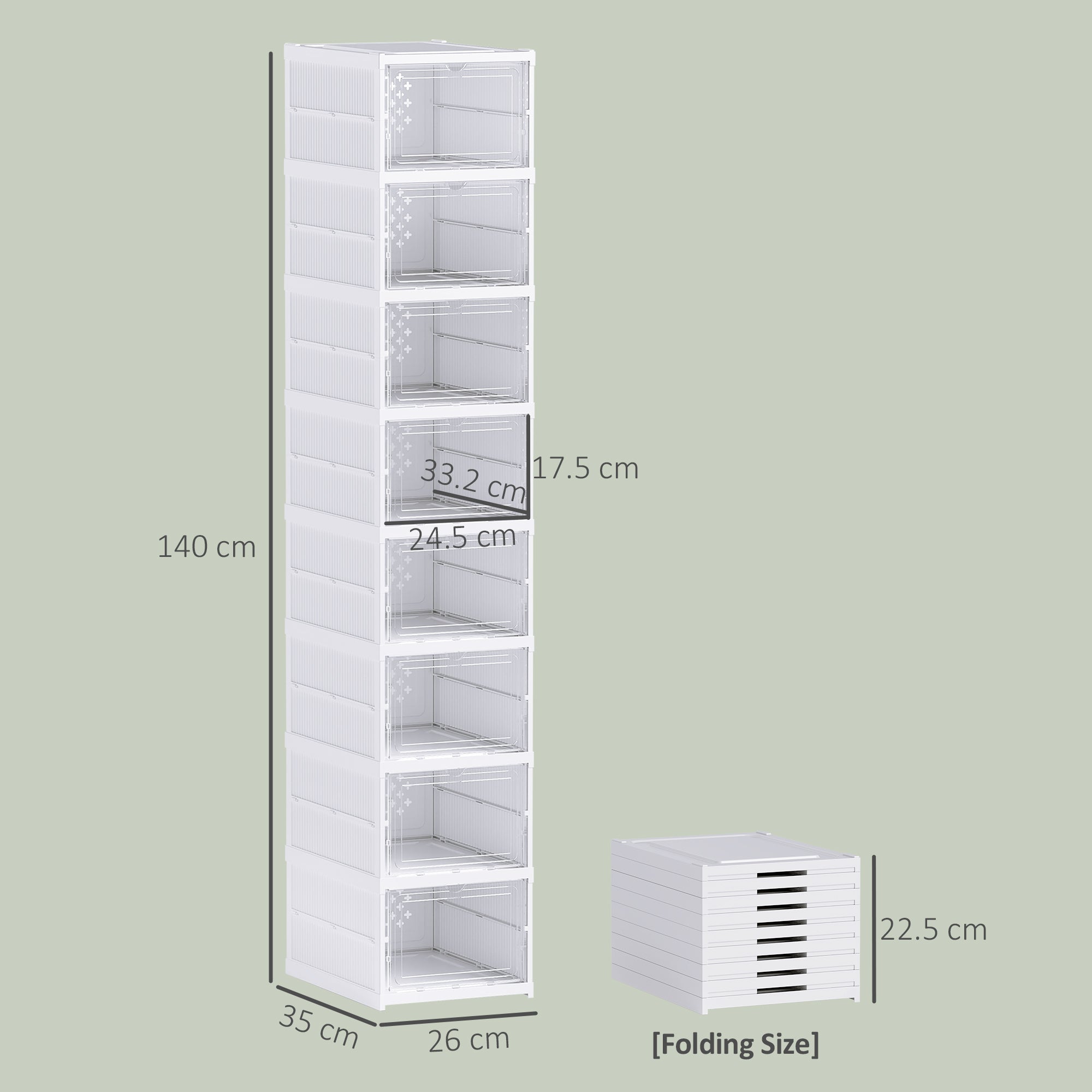 Shoe Rack with 8 Stackable and Foldable Shoe Containers with Transparent Panel, White
