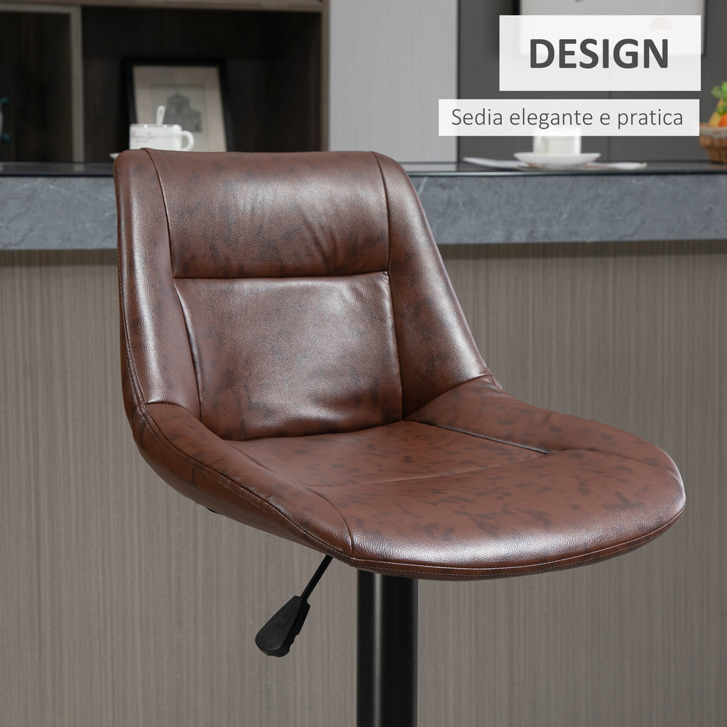 Set of 2 Vintage Brown Faux Leather Bar Stools with Footrest and Round Base, 46.5x50x88-108 cm