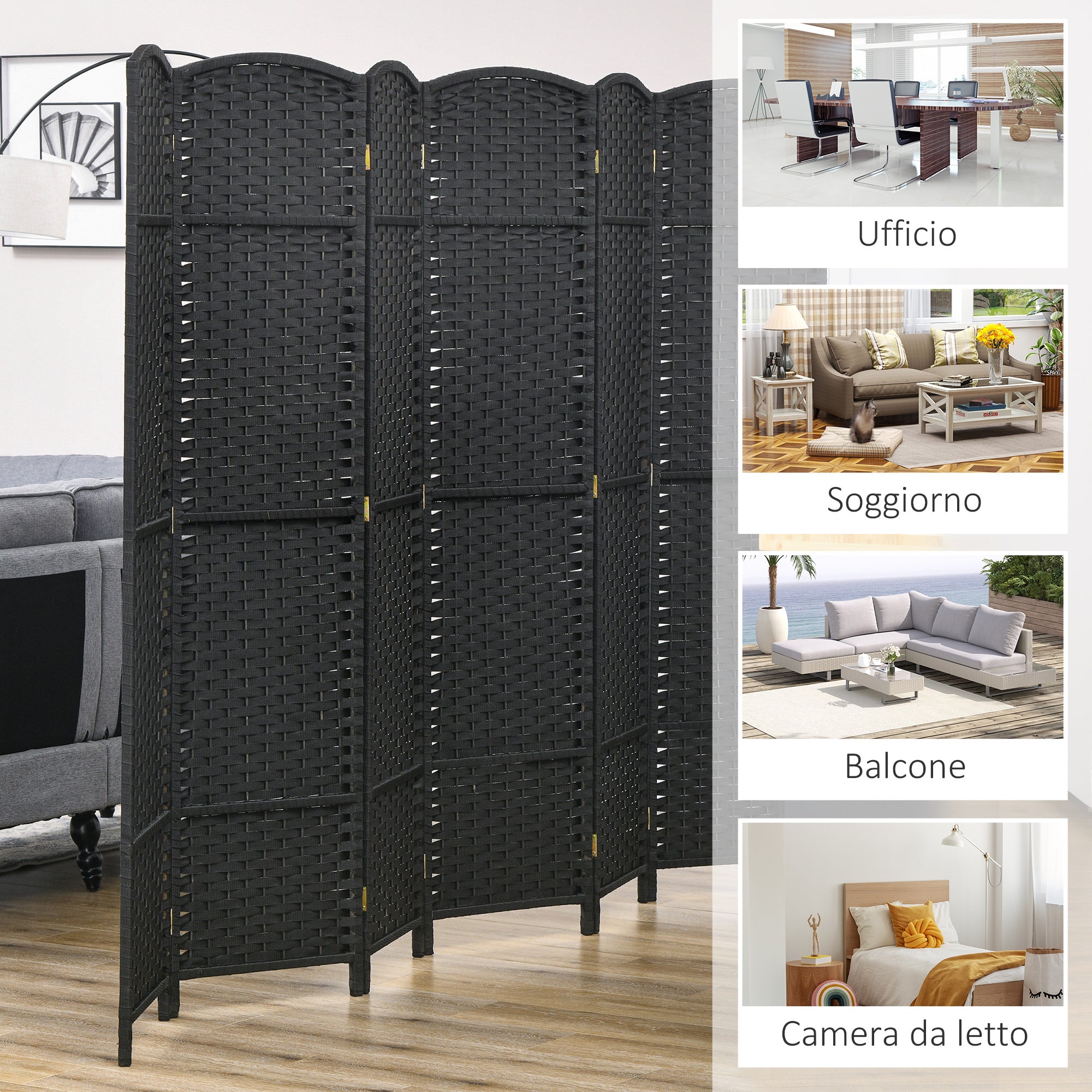 6-Panel Folding Room Divider, 240x170 cm, Black