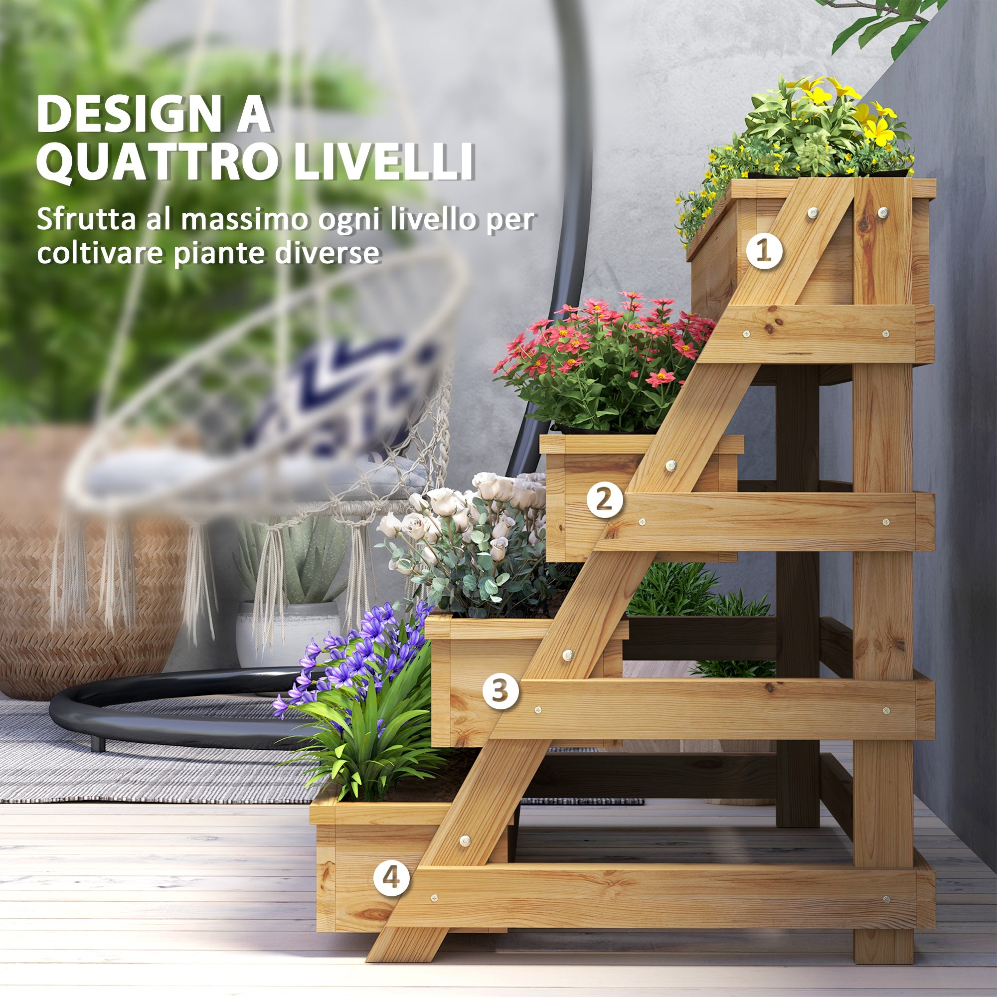 4 Tier Raised Planter with Drainage Holes and Non-Woven Fabric, Fir Wood, 75x57x60.5 cm
