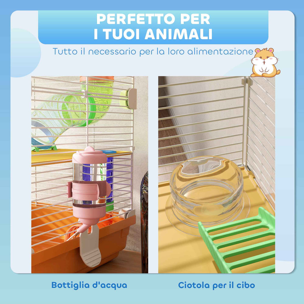 PawHut 5-Level Hamster Cage with Tubes, Wheel, Ladders, House and Bottle, 46x30x58 cm, Orange
