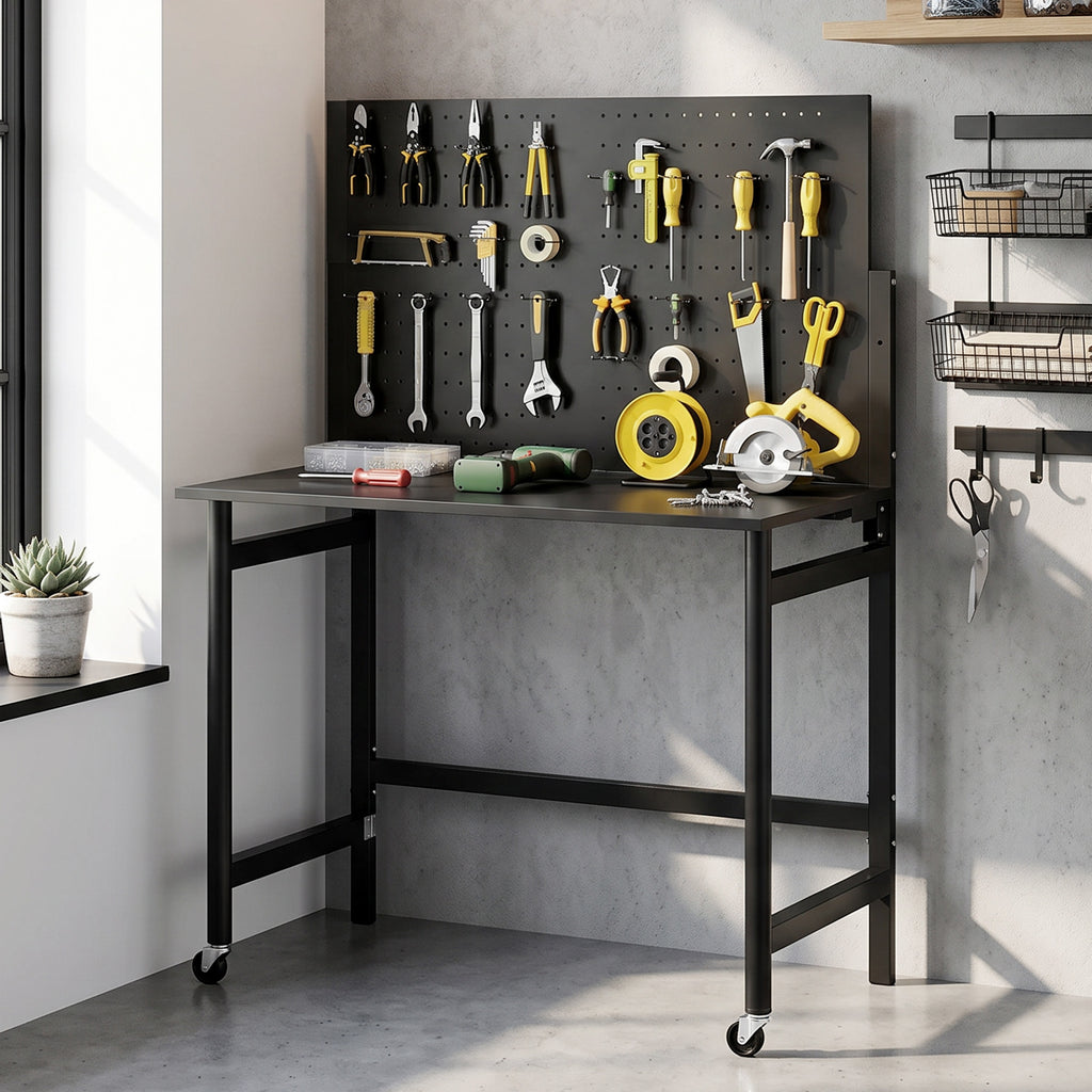 HOMCOM Portable Folding Workbench with Perforated Panel, Thick Wood Top, Steel Frame, Black