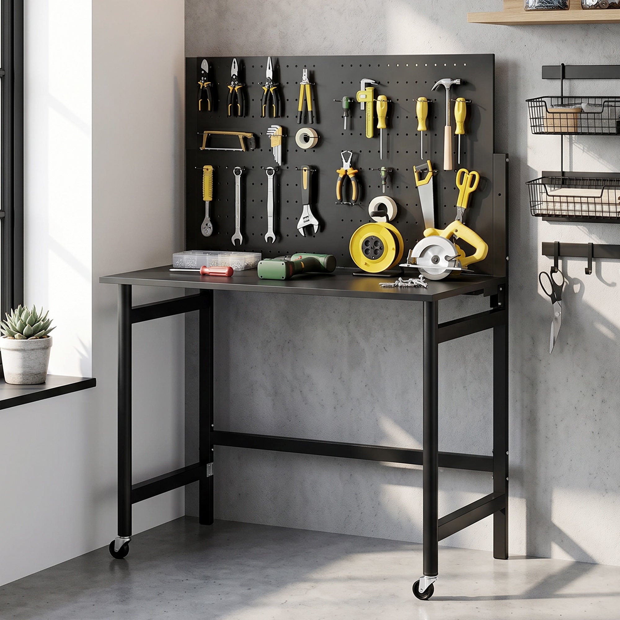 HOMCOM Portable Folding Workbench with Perforated Panel, Thick Wood Top, Steel Frame, Black