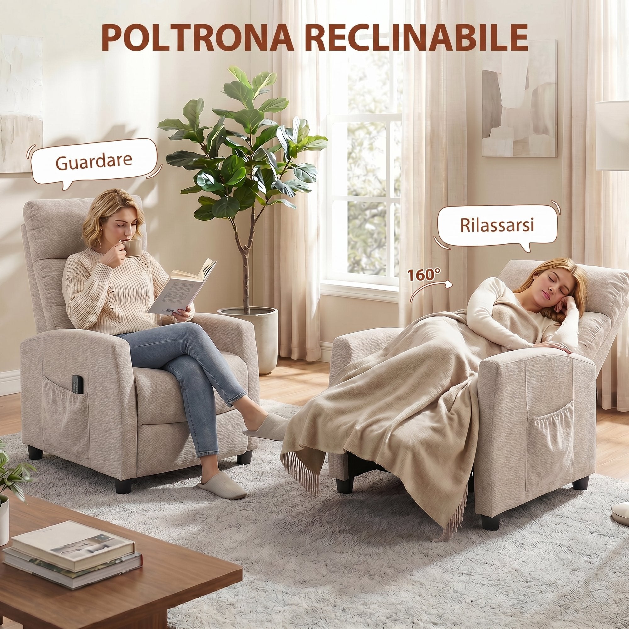 HOMCOM 160° Reclining Massage Chair with Footrest and Remote Control, 66x91x108 cm, Cream White Chenille
