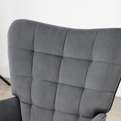 Upholstered Armchair with Armrests and Integrated Footrest in Dark Grey Velvet Effect Fabric - Borgè