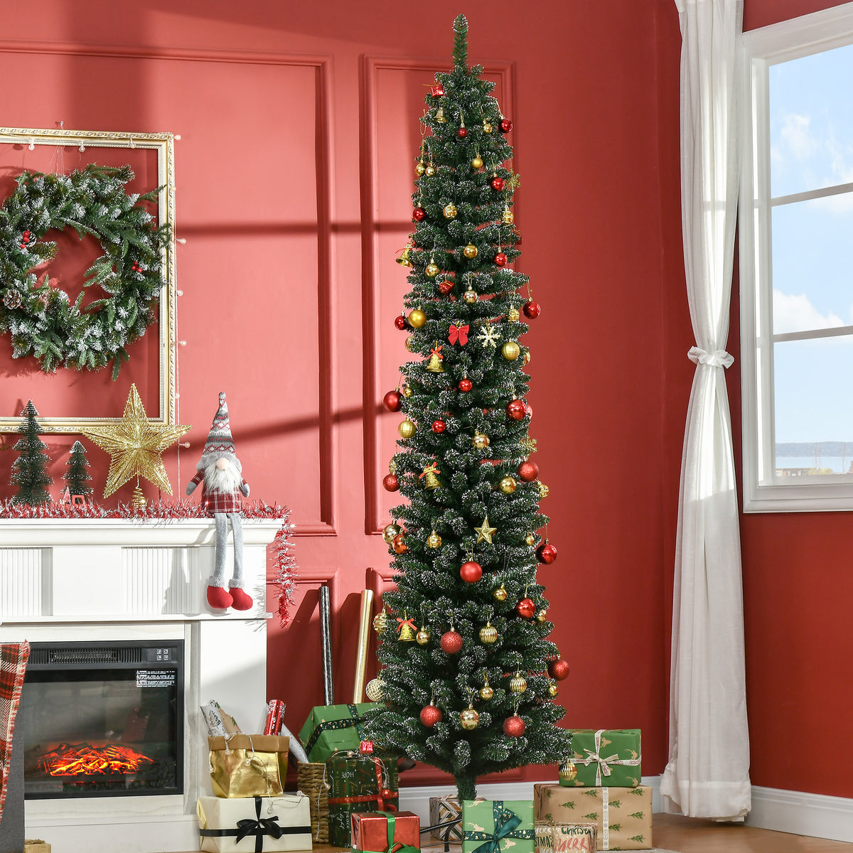 HOMCOM Slim Snowy Christmas Tree with 624 Branches, Removable and Foldable Base, Ø56x225cm, Green