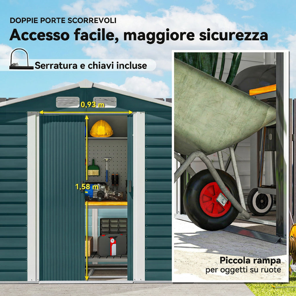 Outsunny Metal Garden Shed with Sliding Doors and Lock with Keys, 2.1x1.2x1.9m, Green