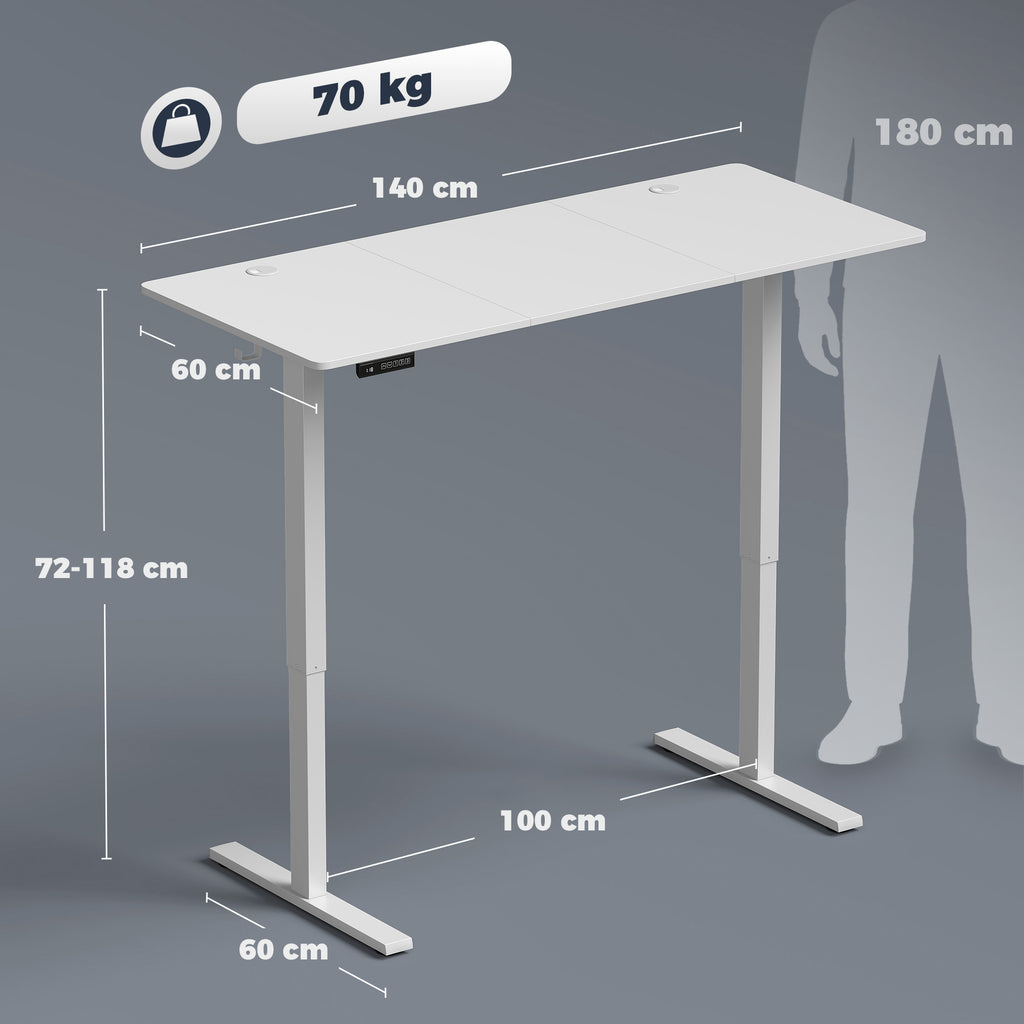 HOMCOM Electric Height-Adjustable Desk with Memory Function, 140x60x72-118 cm, White