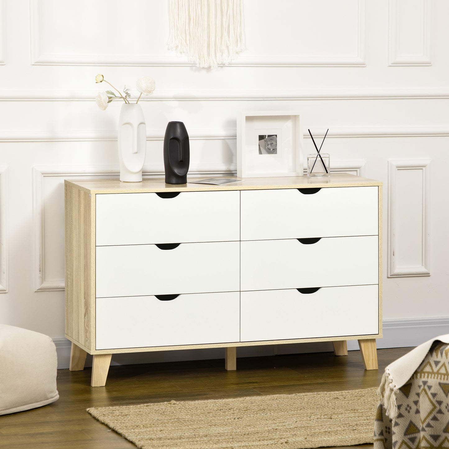 6 Drawer Chest with Carved Wooden Handles, 120x40x76 cm, White and Oak