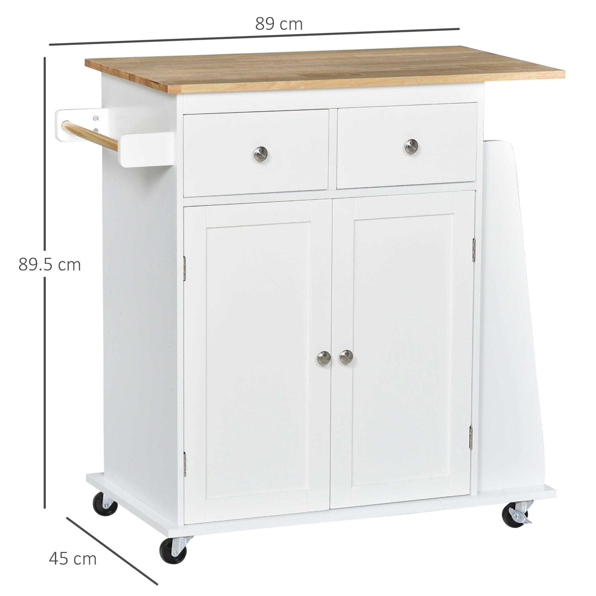 3-Tier Kitchen Trolley with 4 Wheels, MDF and Chipboard, 89x45x89cm, White