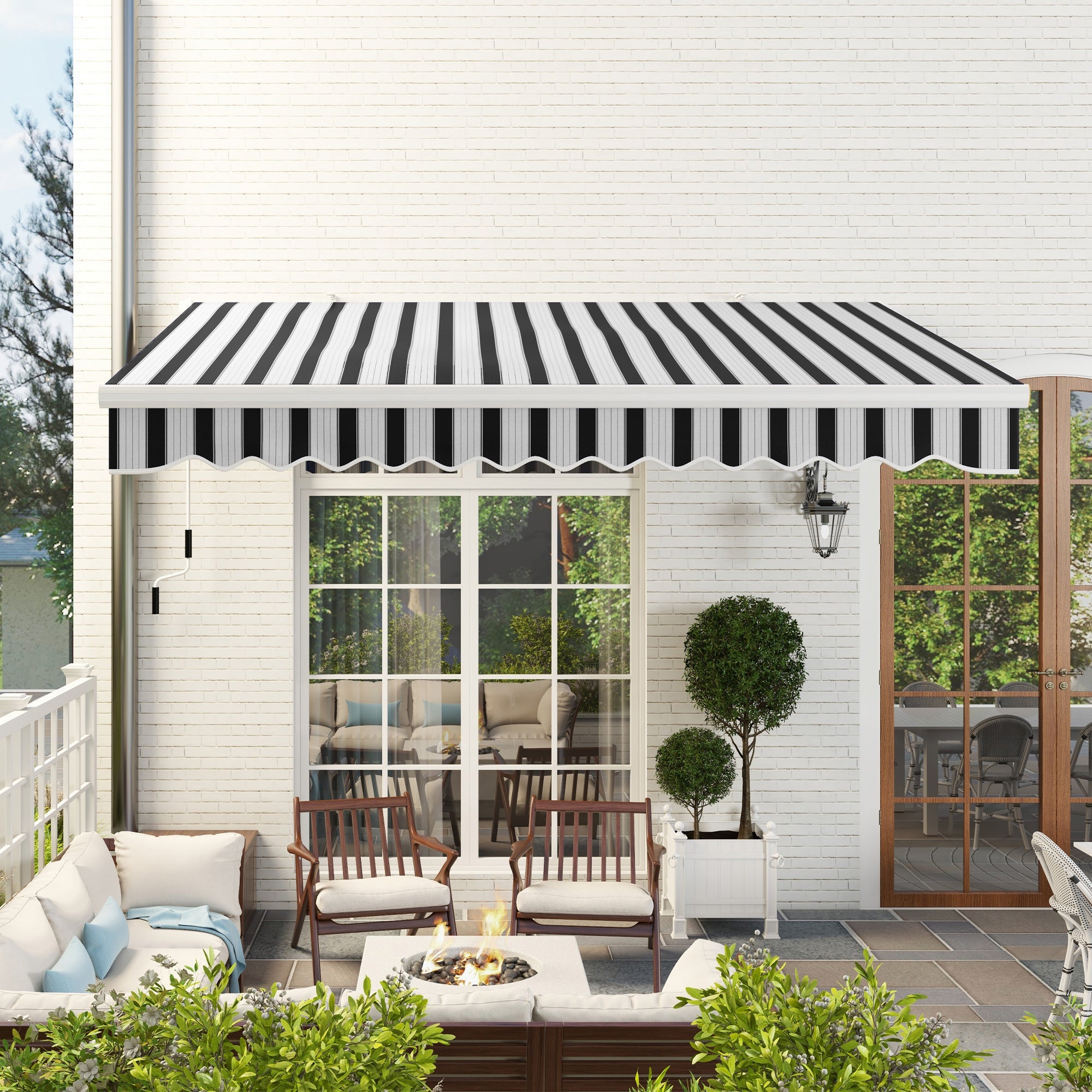 Extendable Outdoor Sun Shade Awning in Aluminum and Polyester with Crank, 395x245 cm, Blue and White