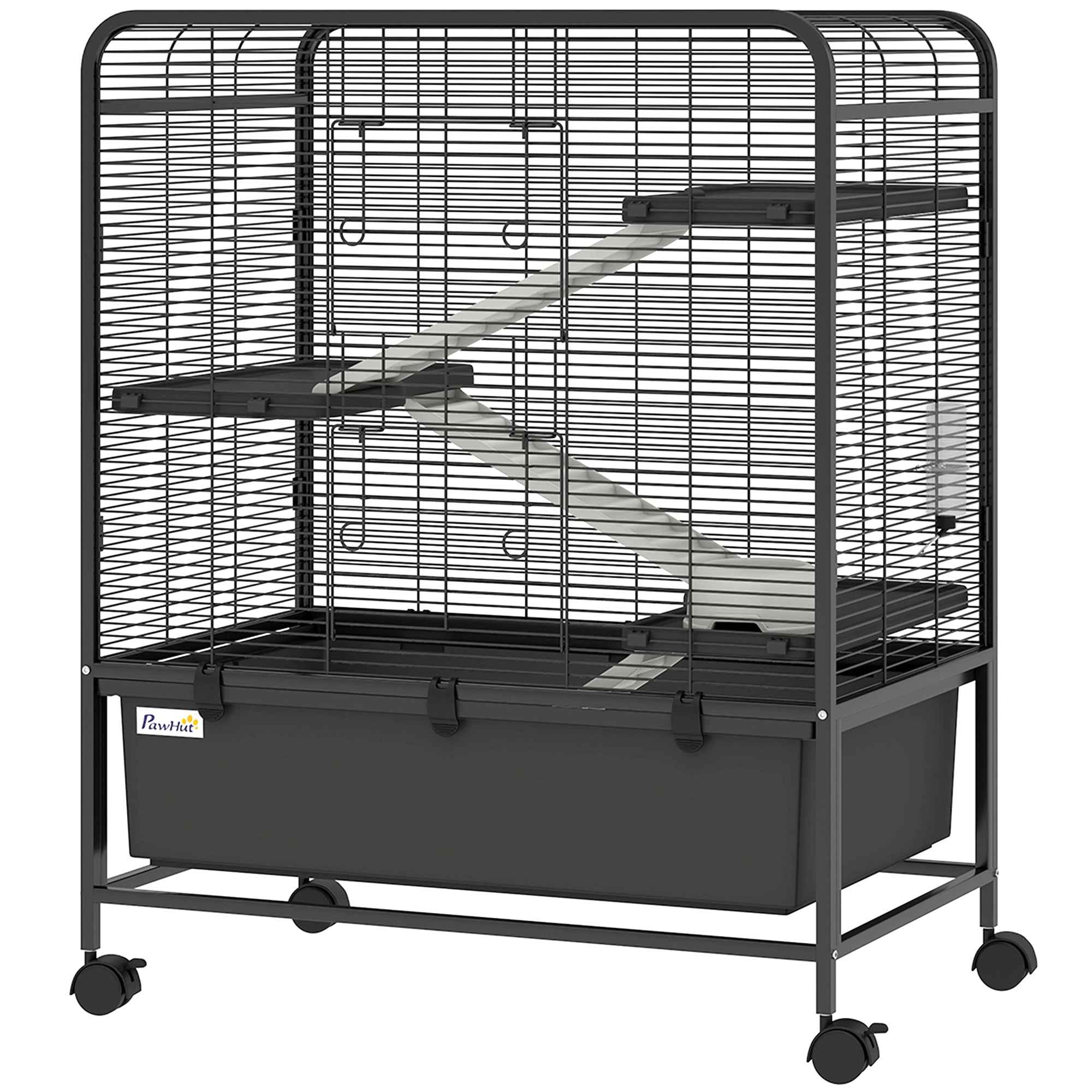 PawHut 4-Tier Steel Rabbit Cage with Platforms, Ramps, Wheels, Water Tank and Removable Tray, Black