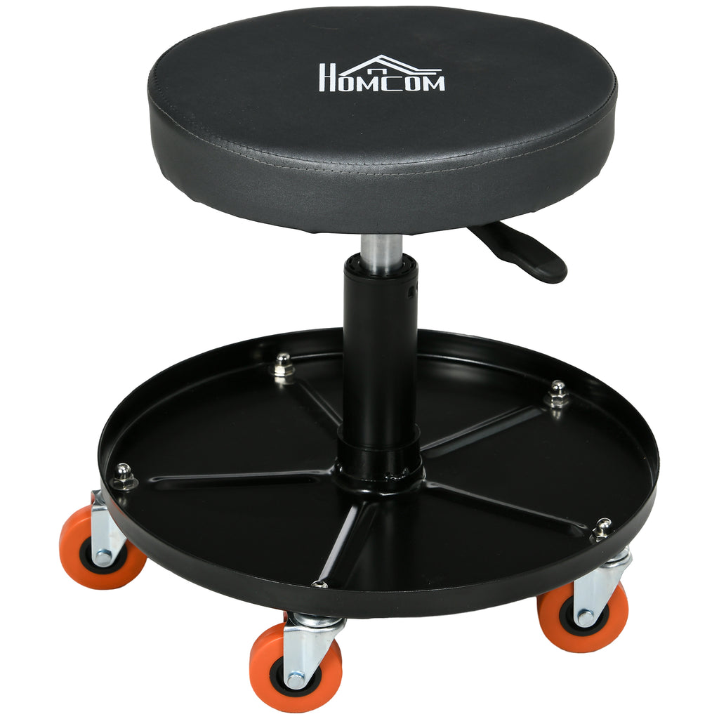 HOMCOM Workshop Stool with Wheels and Tool Holder, Adjustable Height and Swivel, Ø40x25-48cm, Black - Borgè