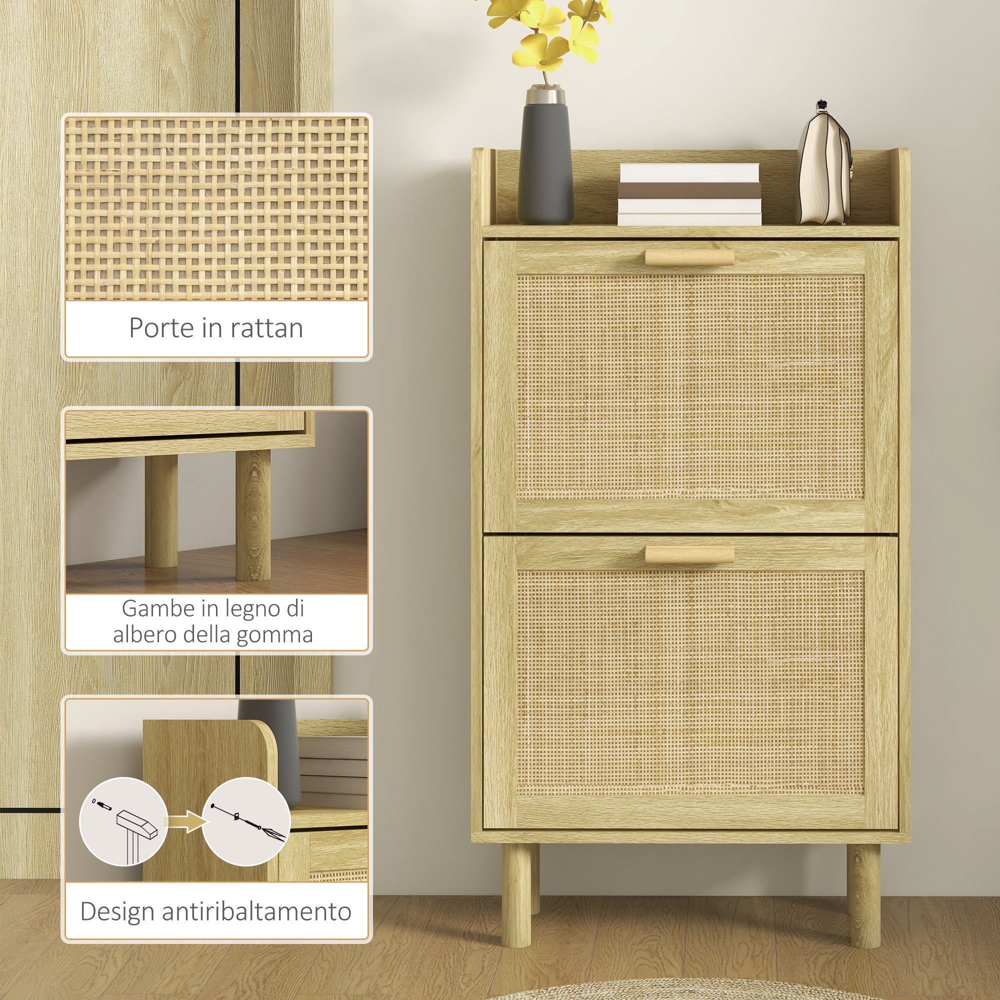 HOMCOM Narrow Entryway Shoe Rack with 2 Folding Drawers, Adjustable Shelves and Top, Oak