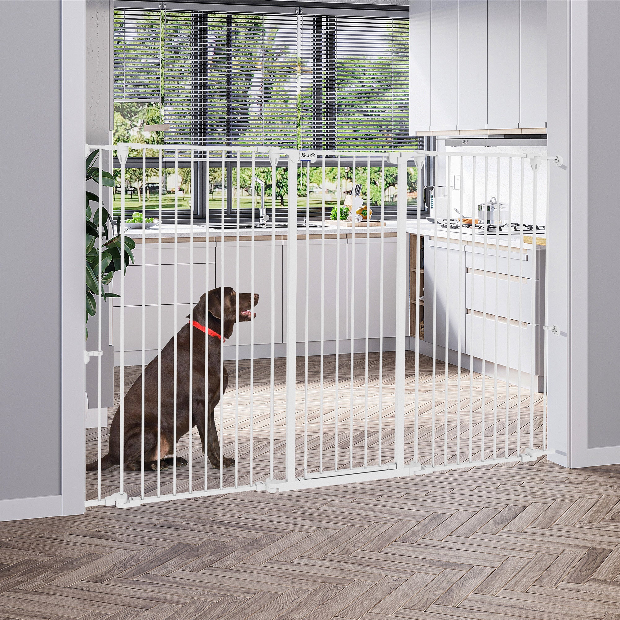 3-Panel Folding Dog Gate with Double Lock, Steel and Plastic, 206 x 120 cm, White