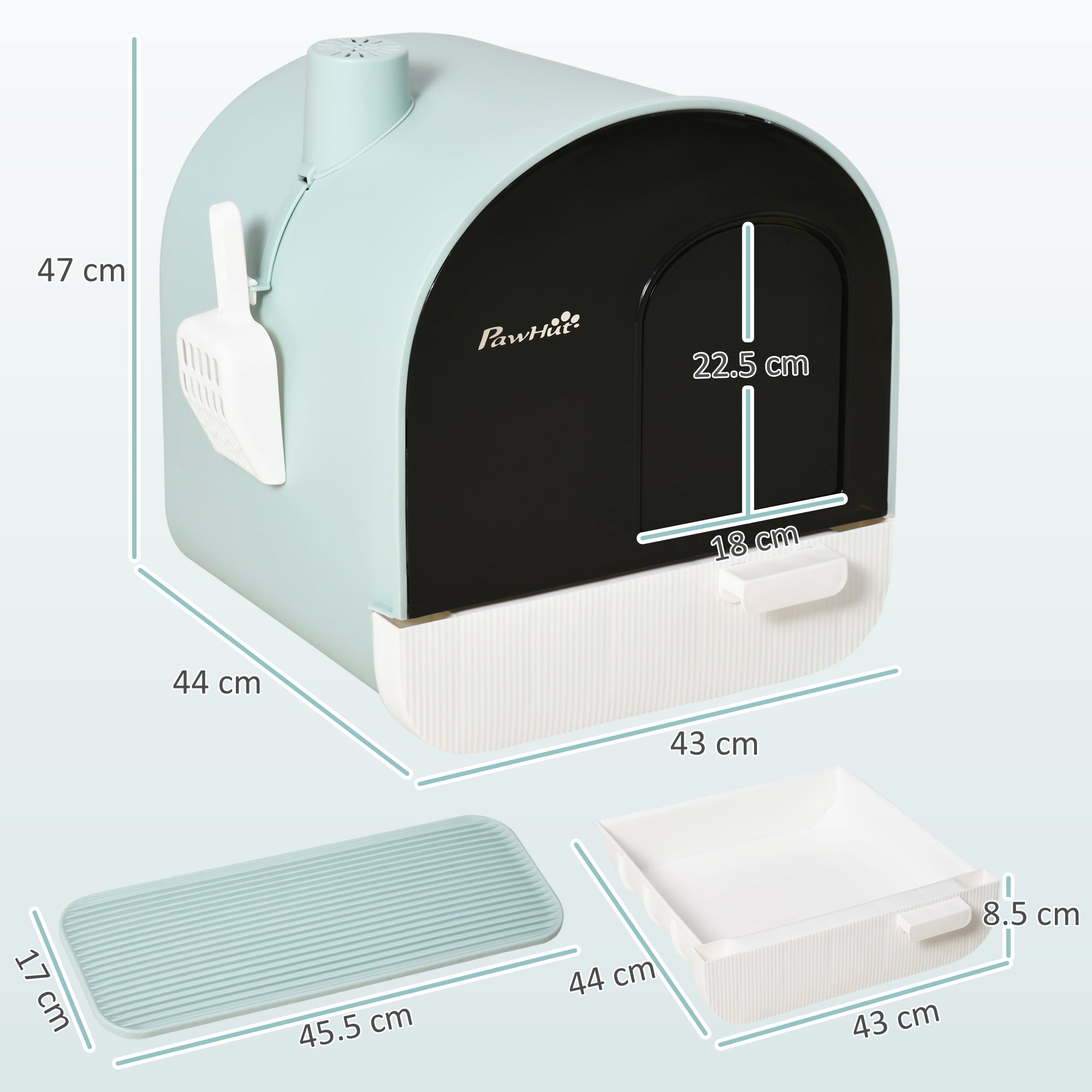 Closed Cat Litter Box with Filters, Scoop and Tray, PP Structure, 43x44x47cm, Green