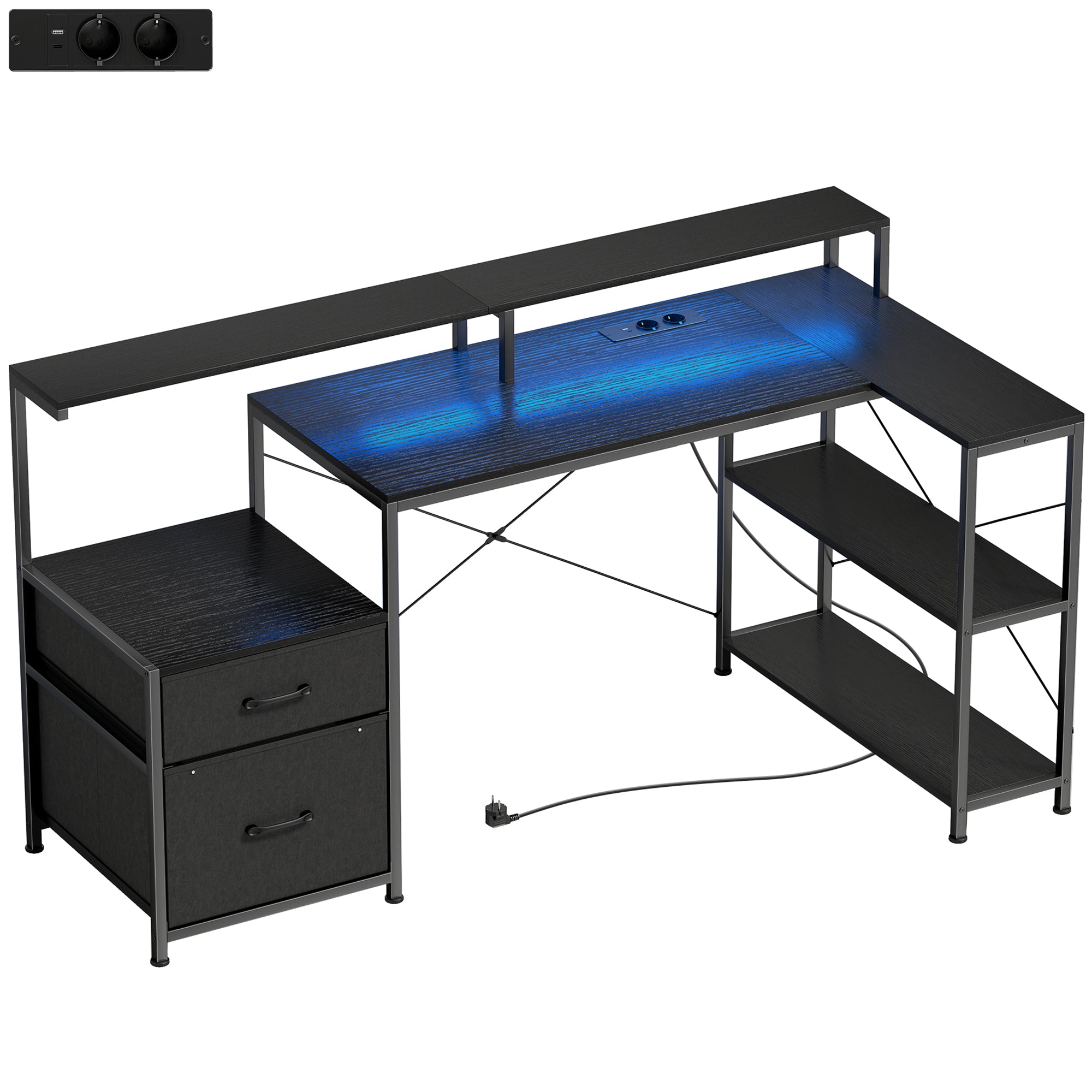 Gaming Desk with Storage Space and 2 Monitor Stands, Wood and Steel, 165x80x91.5 cm, Black