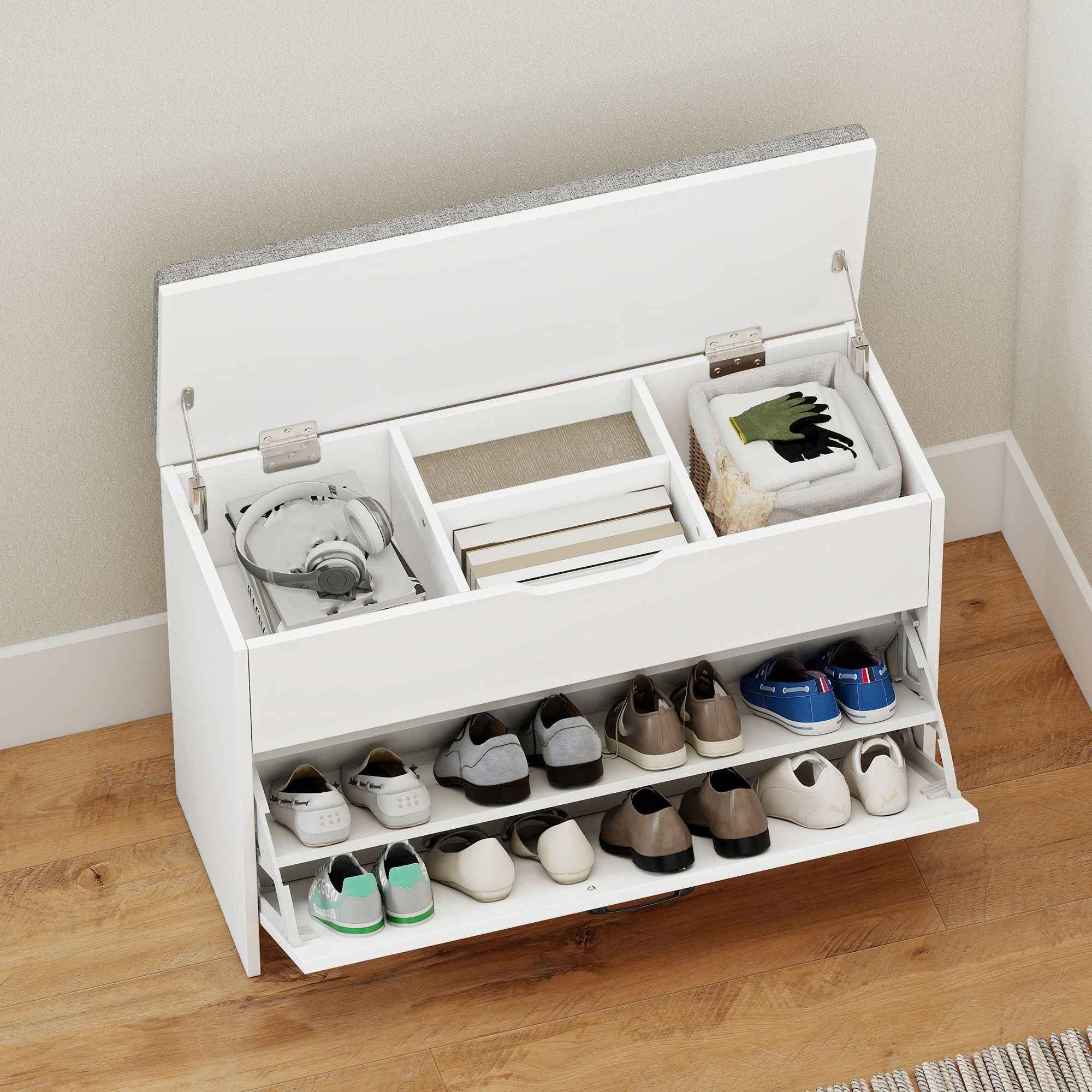 HOMCOM Shoe Bench with Folding Drawer and Storage, Capacity for 8 Pairs of Shoes, 80x30x55 cm, White