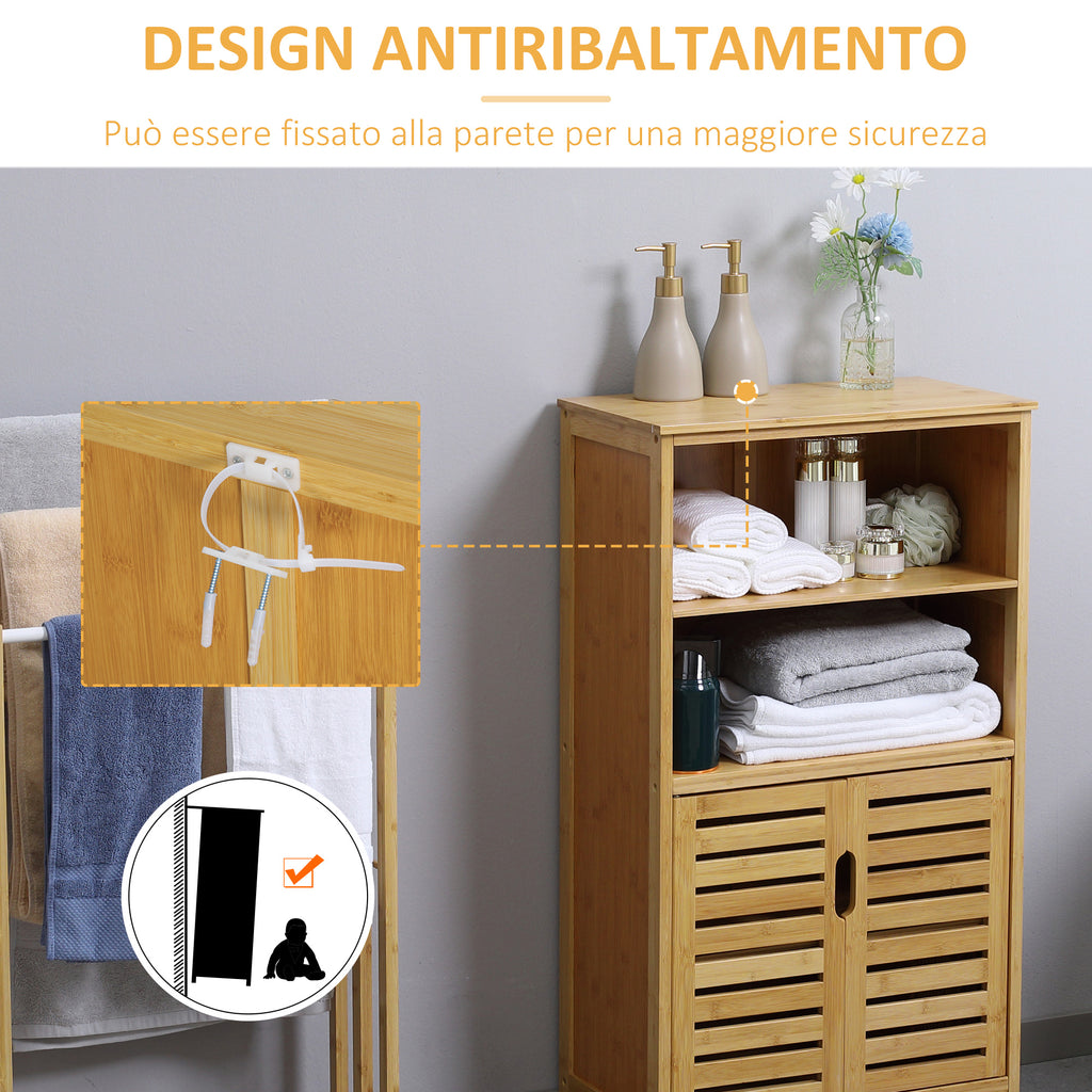 Space-Saving Wooden Bathroom Cabinet with Cupboard, 2 Doors and 2 Open Shelves, 50x29x92 cm