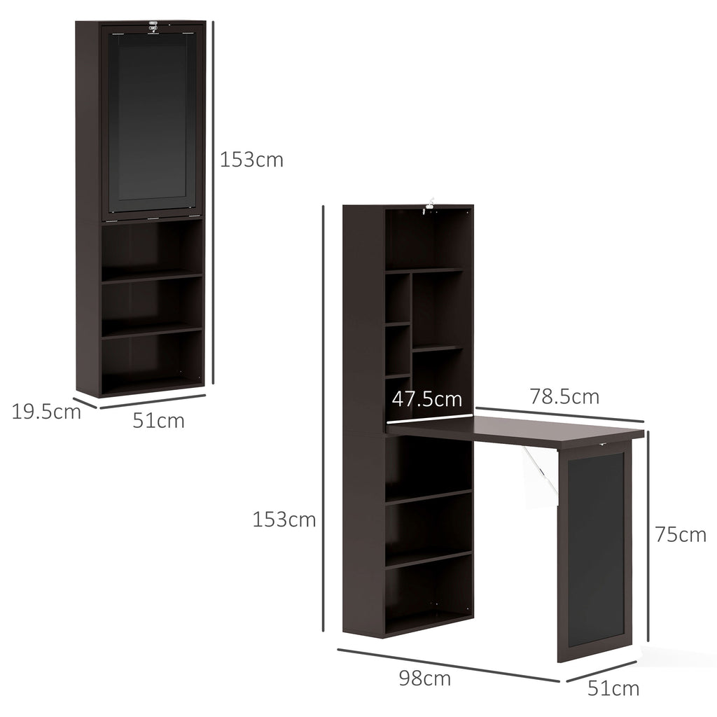 Modern Folding Desk with Bookcase and Blackboard, Wood and Metal, 98x51x153 cm, Brown