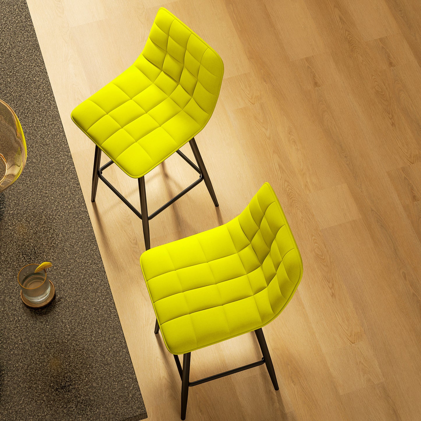 Set of 2 Nordic Style Kitchen Stools in Velvet and Metal Effect Fabric, 45x47x84 cm, Yellow