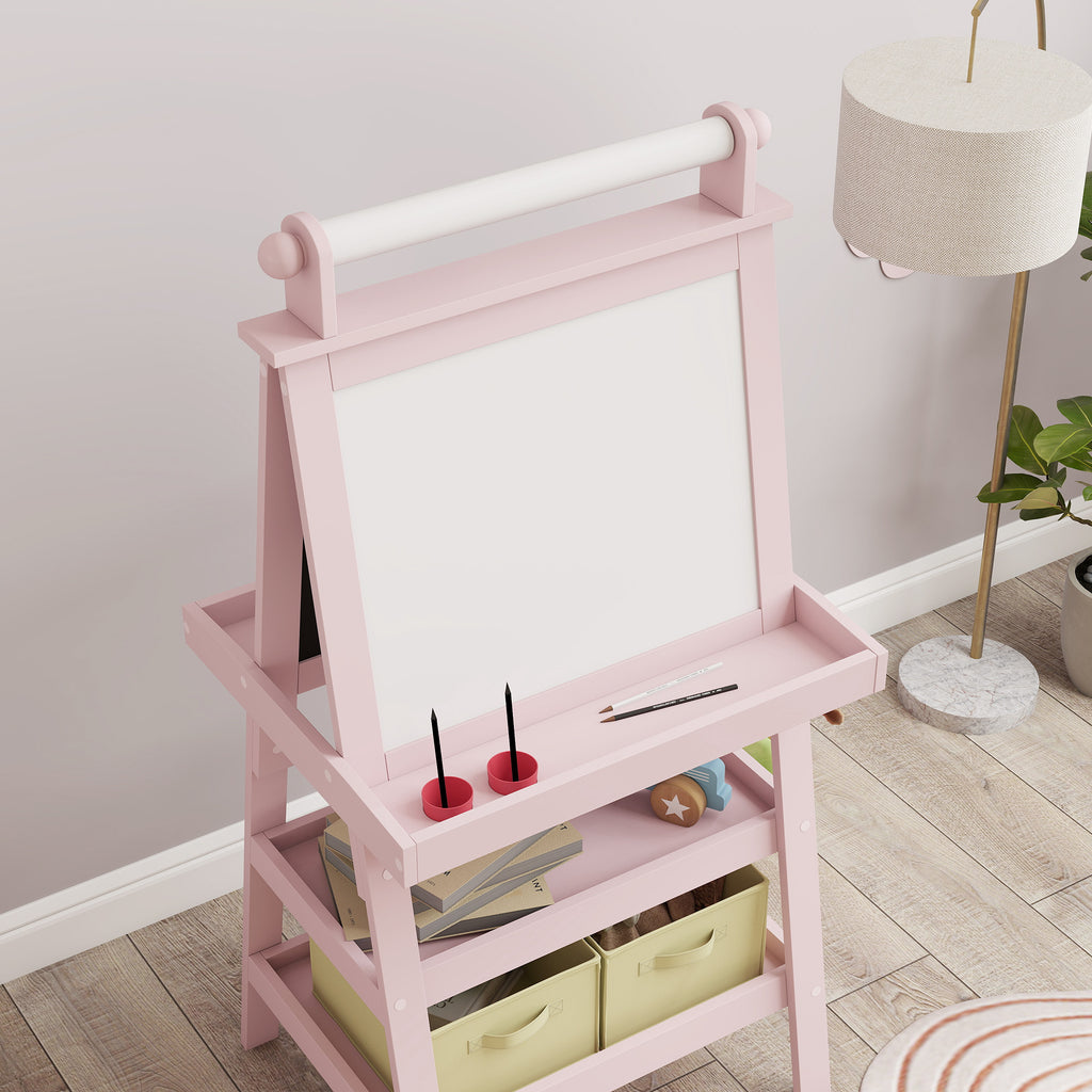 3 in 1 Children's Easel Blackboard, Paper Roll and 2 Containers, Wooden, 59x48x118 cm, Pink