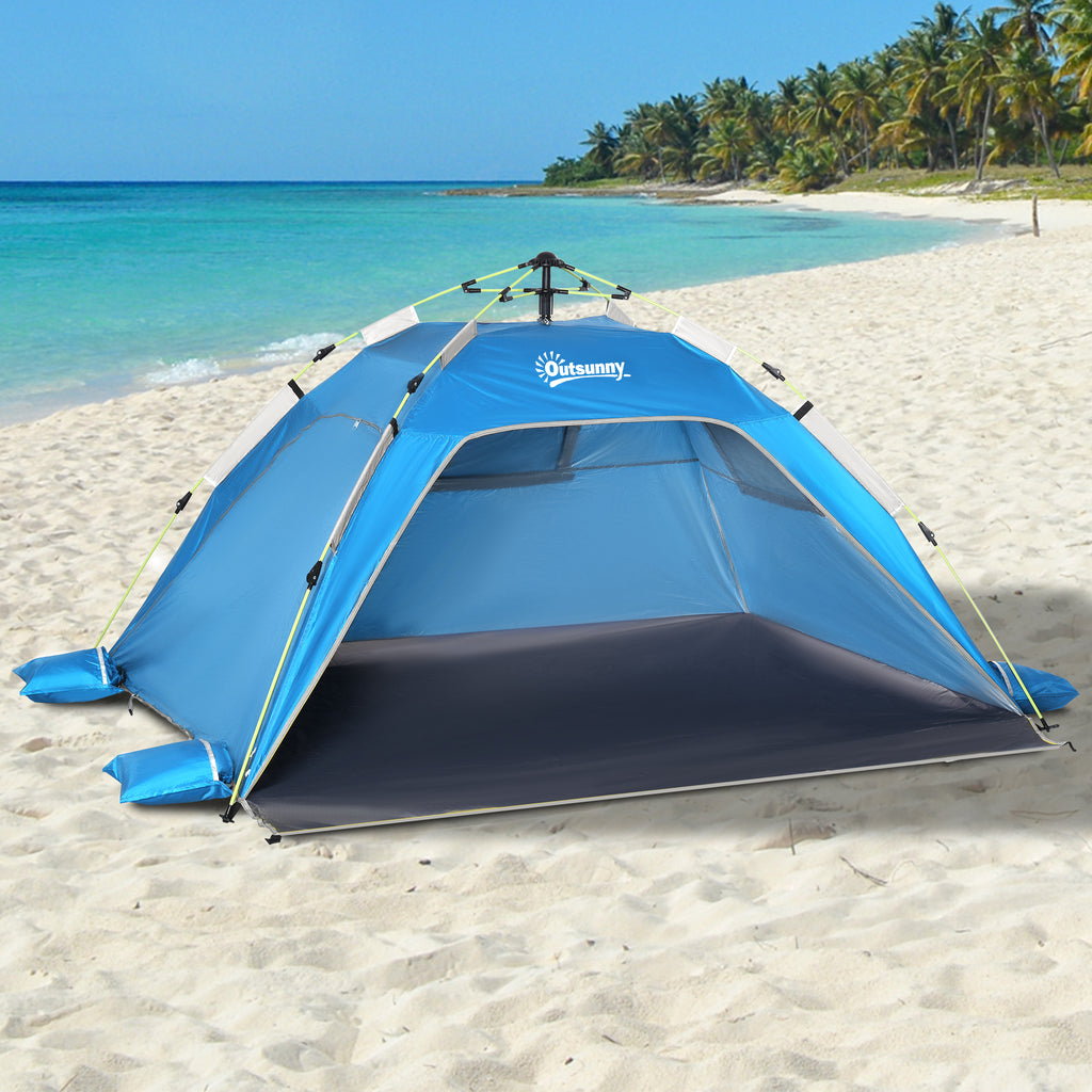 Pop Up Beach Tent with Zipper Door, in Polyester and Fiberglass, 220x173x120 cm, Sky Blue and Gray