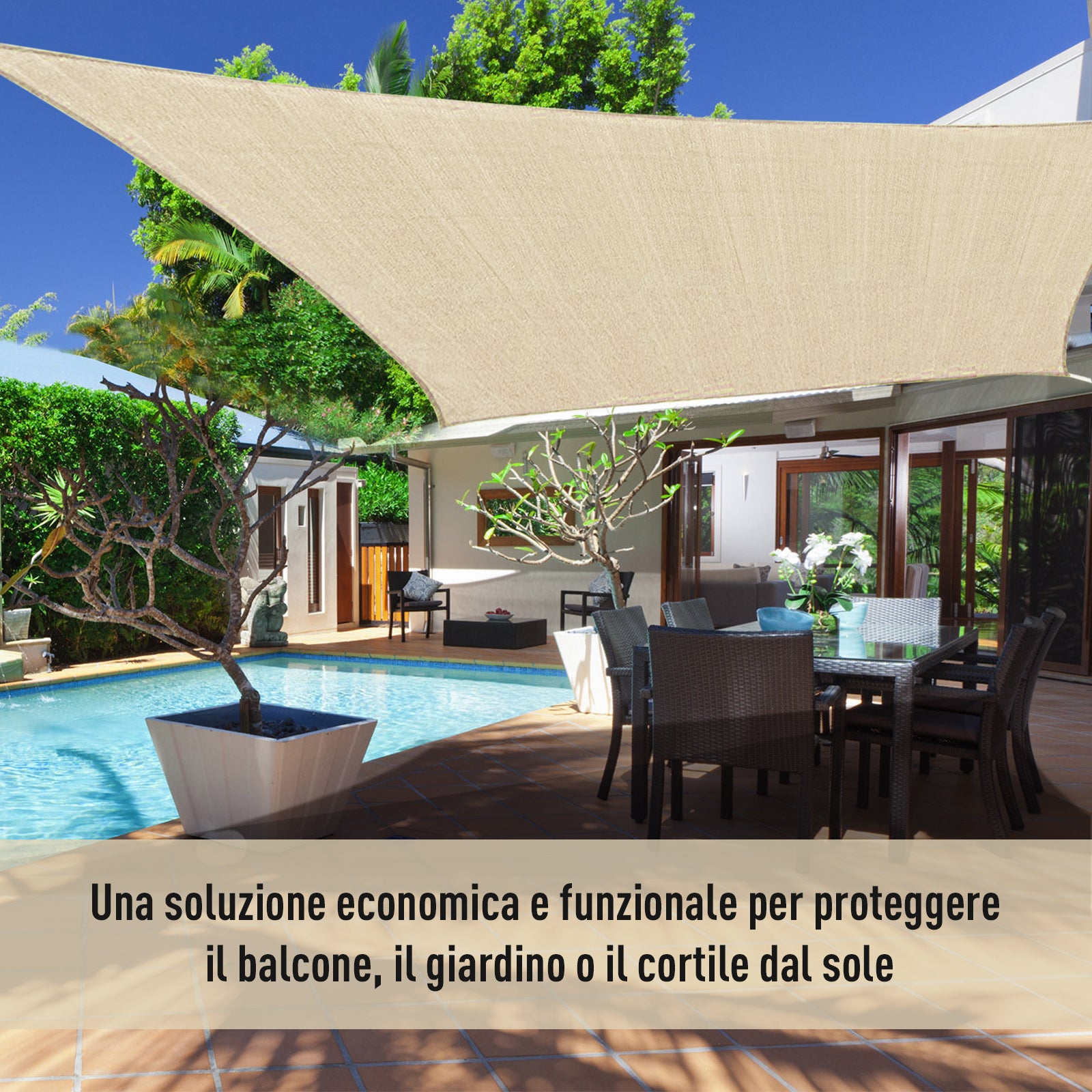 Square Outdoor Sun Shade Awning in Breathable HDPE, 95% UV Protection, 360x360 cm