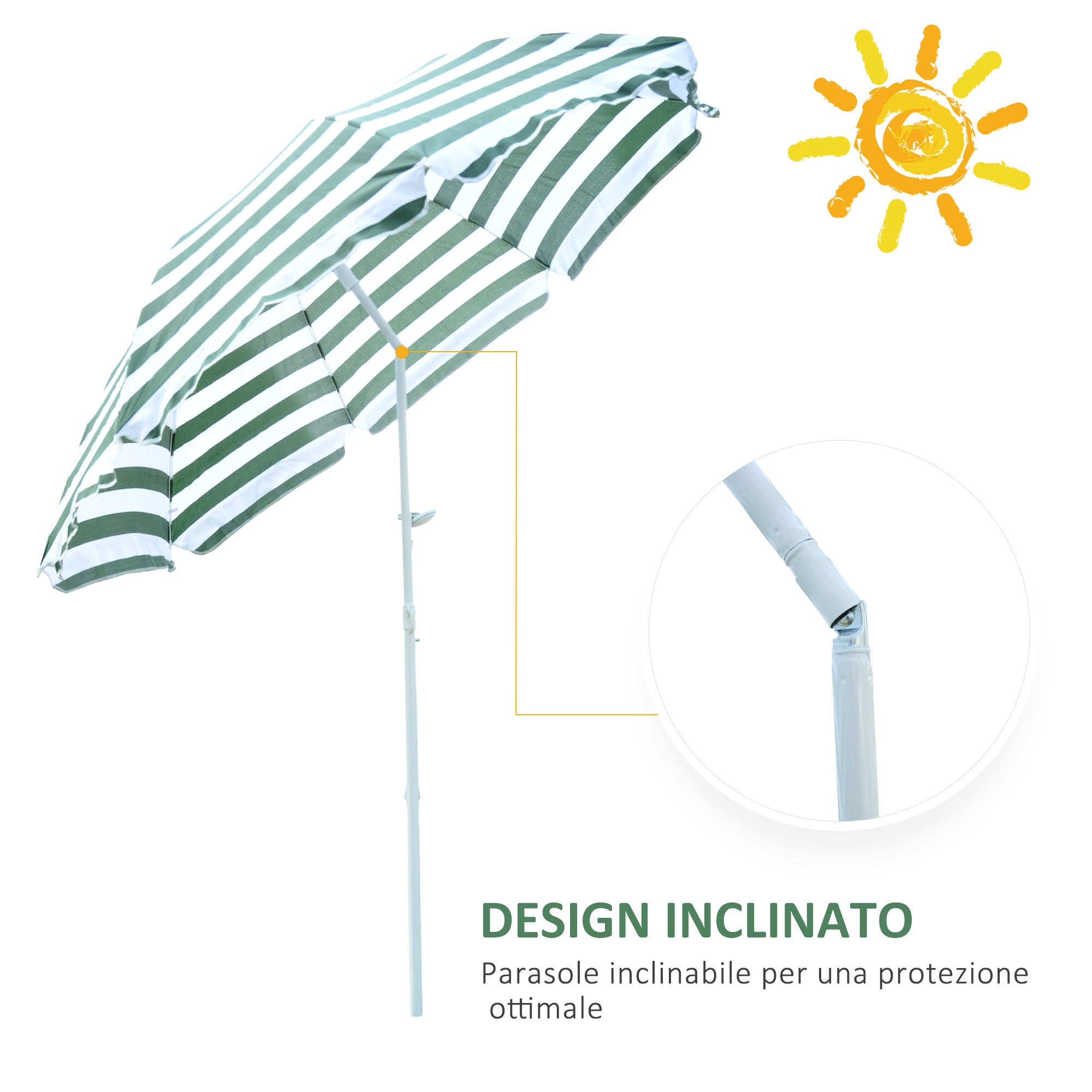Tilting and Round Beach Umbrella in Metal and Polyester, Ø1.8x2 m, Green and White