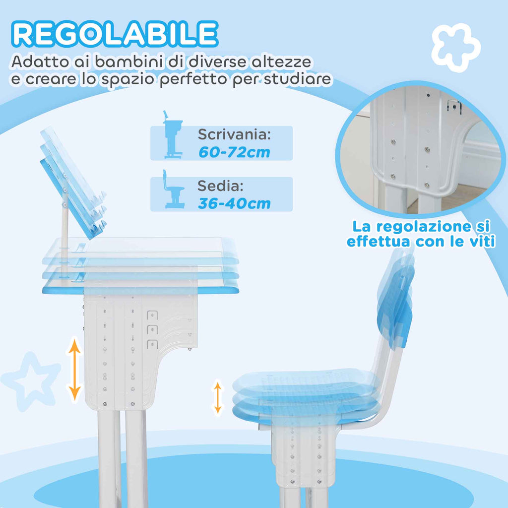 School Desk for Children 6-12 Years with Adjustable Height with Lectern and Shelf, in Steel and MDF, Blue