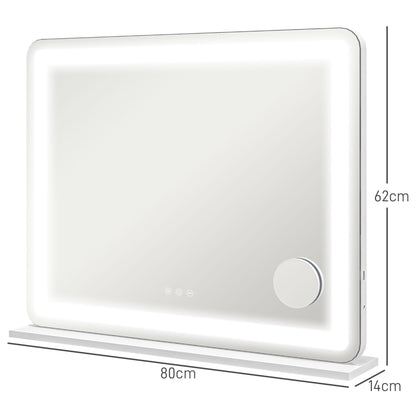 Makeup Mirror with Adjustable LED Lights, 10x Magnification, USB Socket and Touch Controls, 80x62x14cm