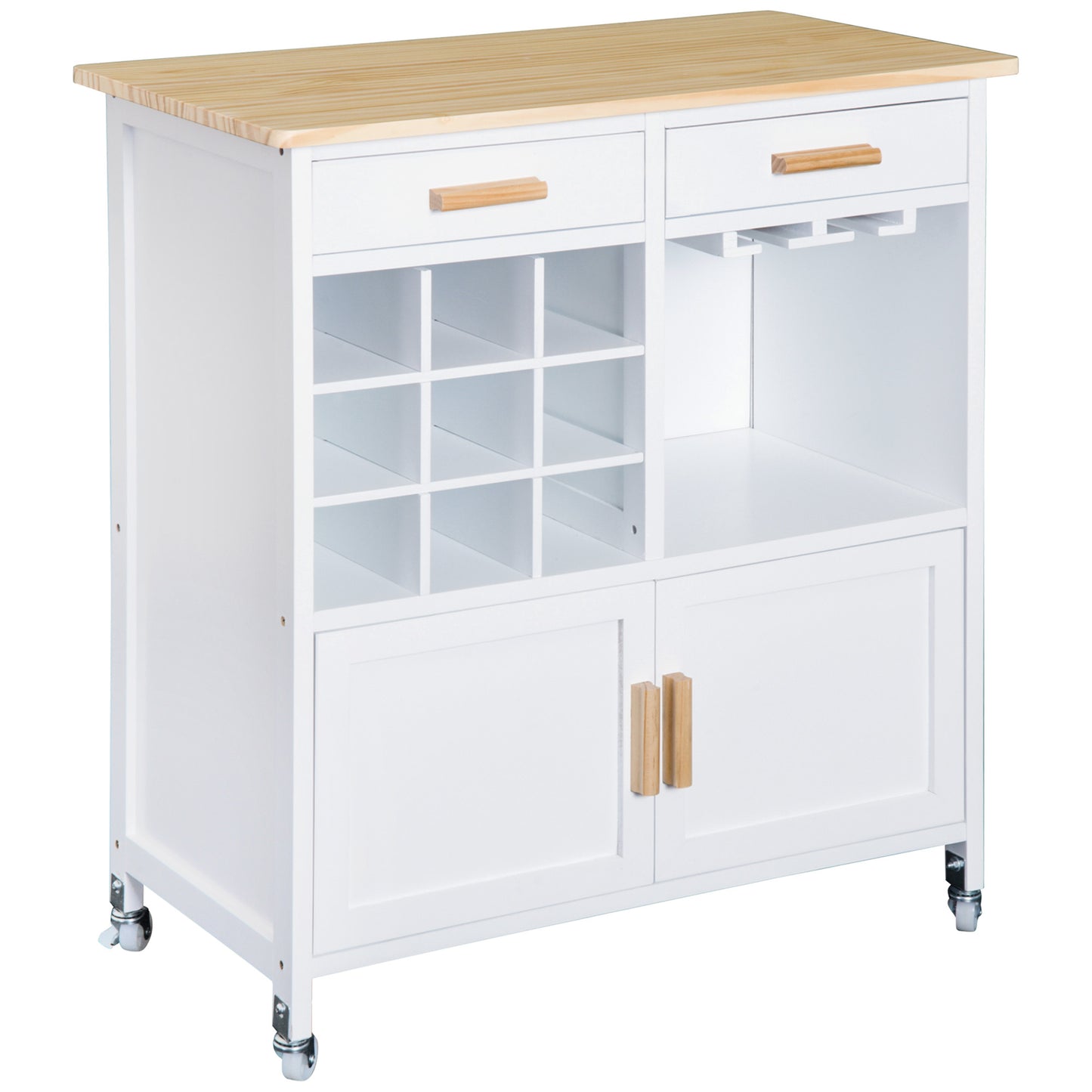 Kitchen Cabinet with Wheels, Bamboo Bottle Rack and Glass Holder, 76 x 40 x 88cm